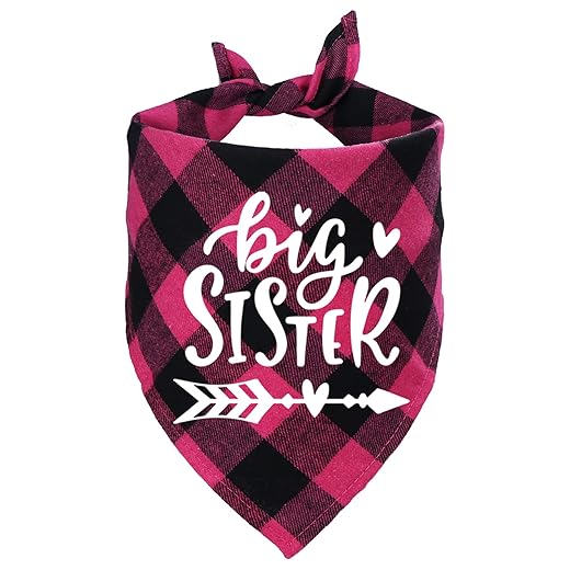STMK Big Sister Plaid Dog Bandana, Pregnancy Announcement Plaid Dog Bandana, Gender Reveal Photo Prop, Pet Scarf Accessories, Pet Scarves for Dogs (Pink)
