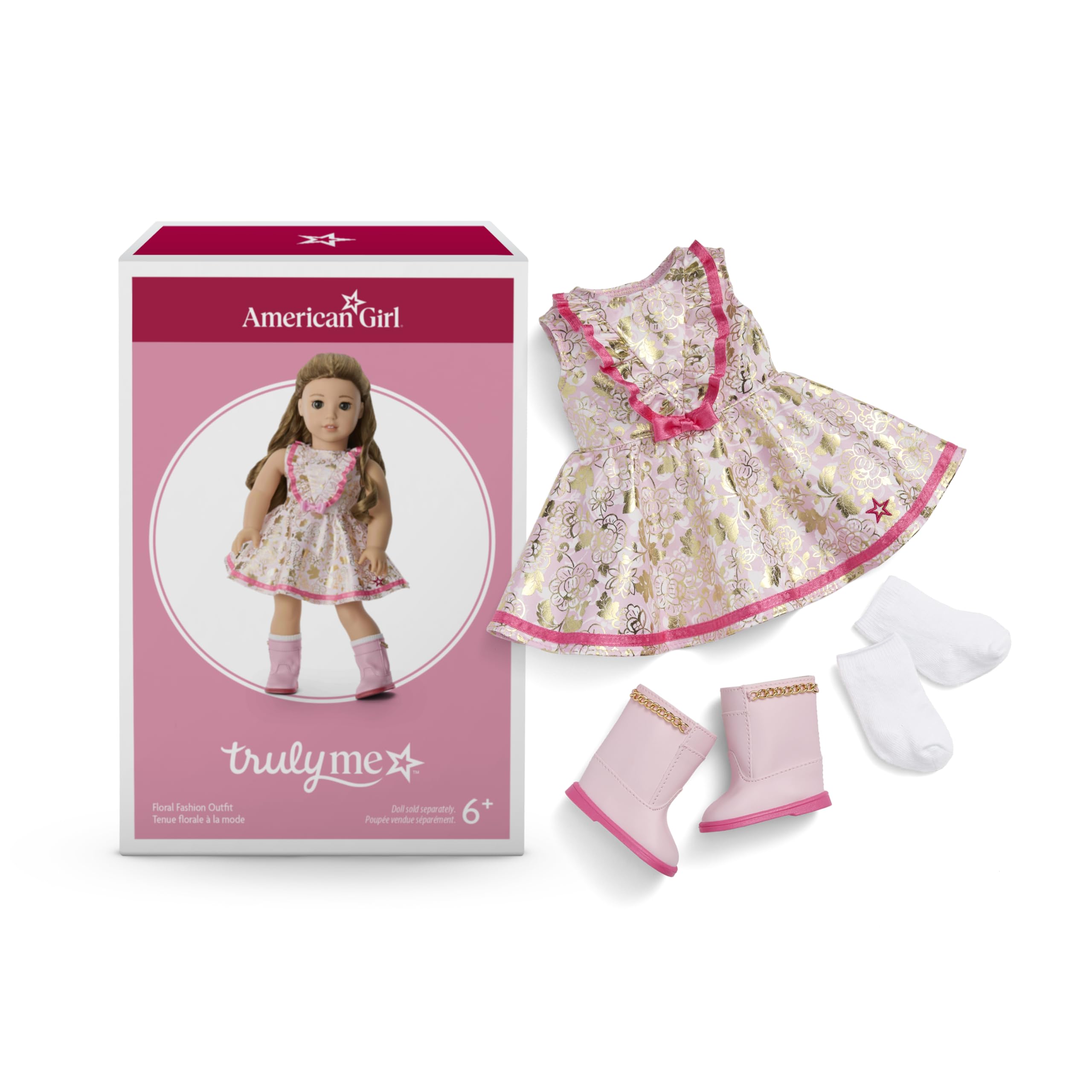American Girl Truly Me 18-inch Doll Floral Fashion Outfit with Ruffled Bodice, Ribbon, Socks, and Boots, for Ages 6+
