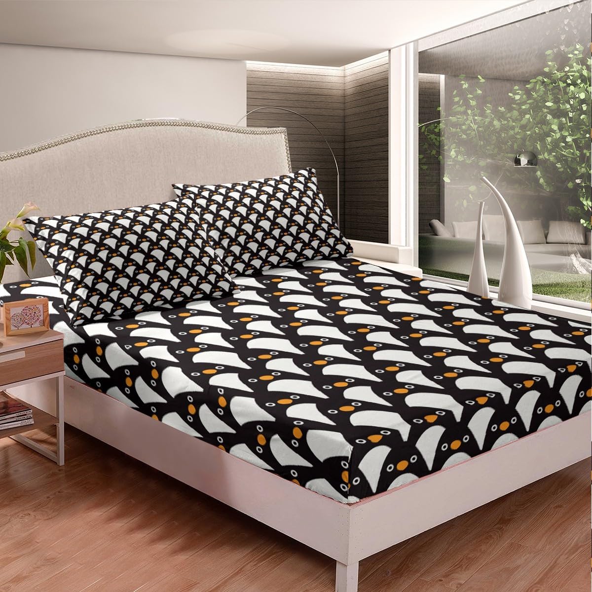 Kids Cartoon Penguin Sheet Queen Size,Arctic Snow Animals Bedding Set for Teens Girls Boys,Kawaii Wildlife Black White Cute Bed Sheet Set 4pcs (Deep Pocket Fitted Sheet + Flat Sheet + 2 Pillowcases)