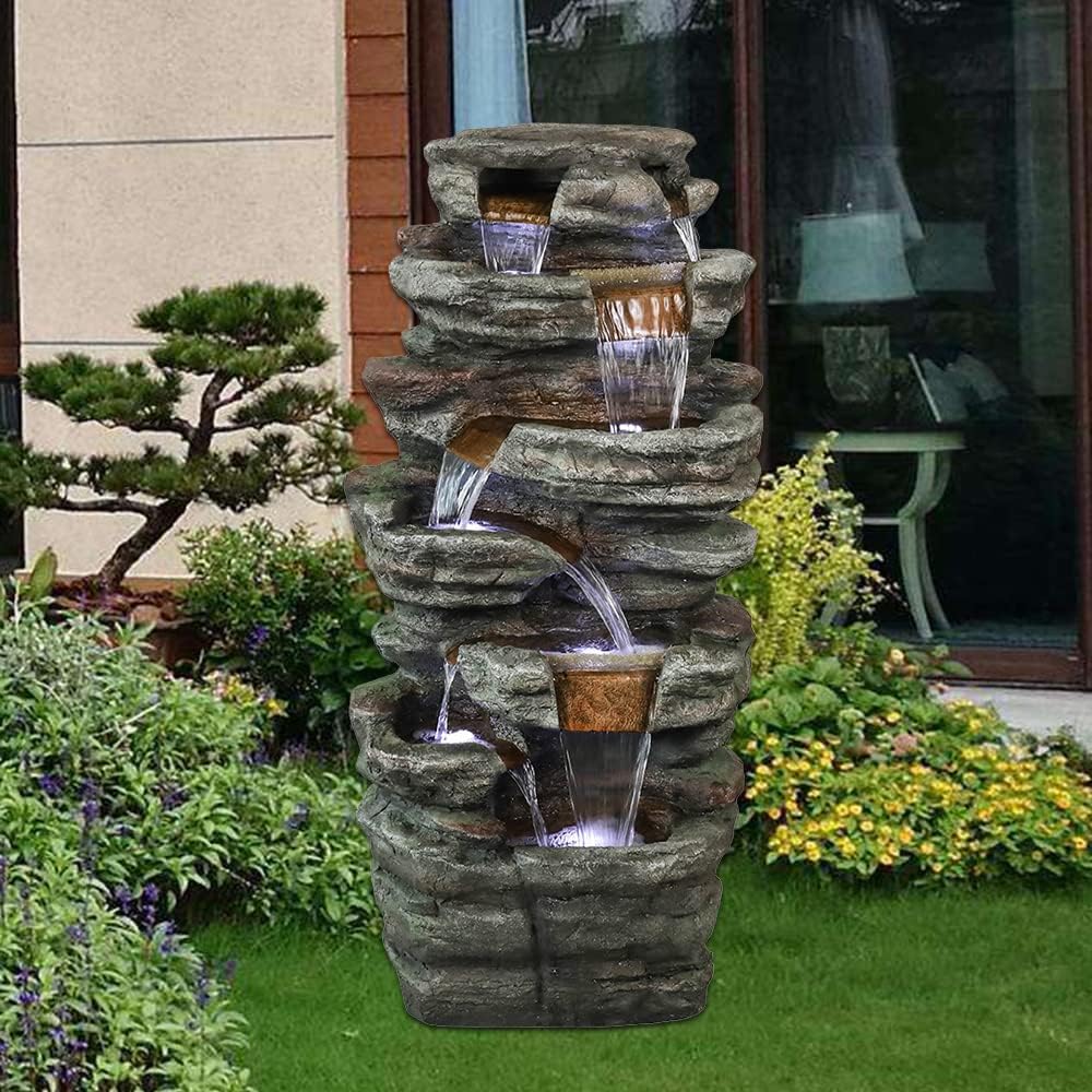 Bumilgar 45.3-Inch Tall 3-Tier Outdoor Water Fountain – Resin, Cascading Waterfall With LED Lights, For Garden, Patio, Yard