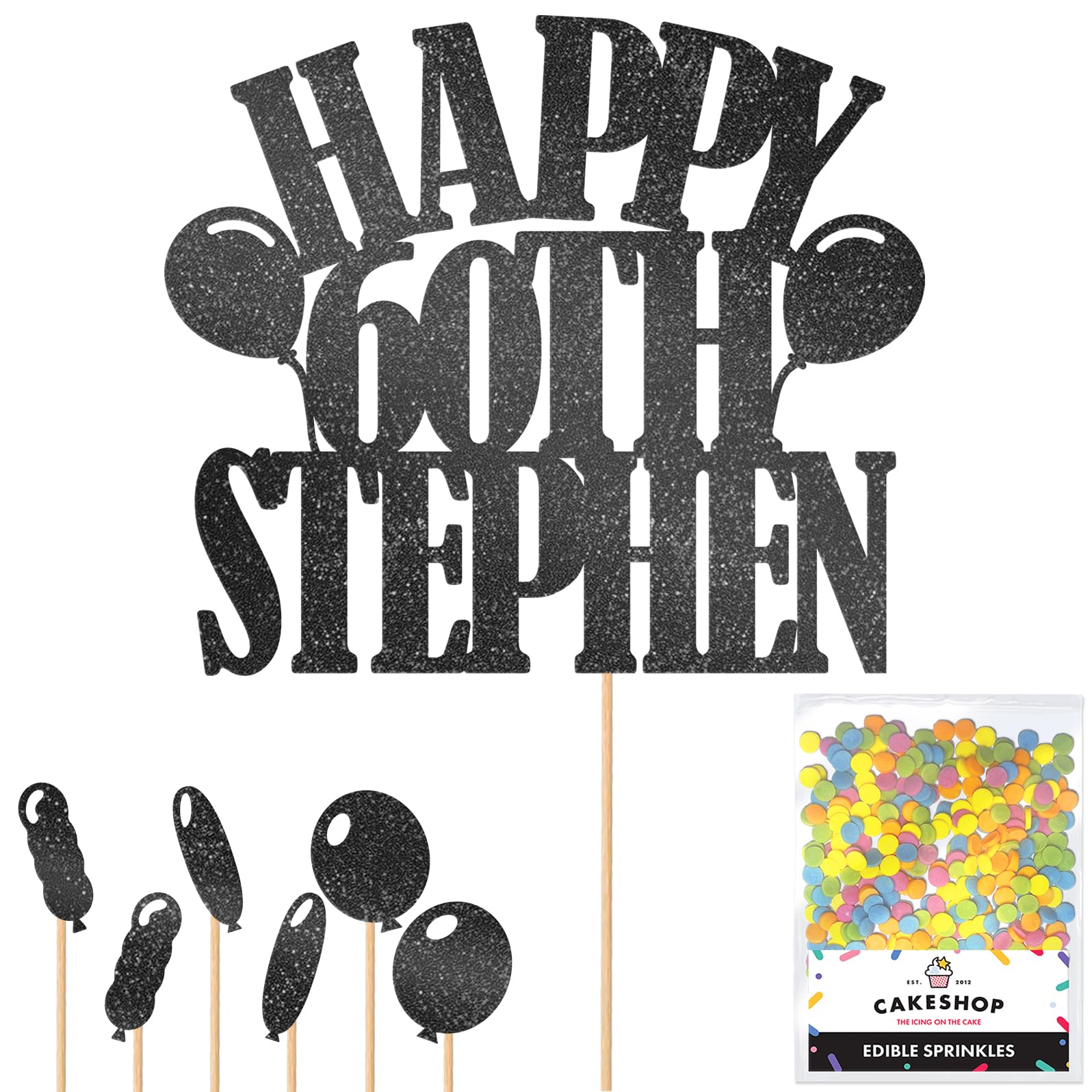 Personalised Happy Birthday Glitter Cake Topper with Balloons - Black Any Name Age Glitter Cake Decoration and Sprinkles - Happy Birthday Decorations - Personalised Toppers for Cakes by Cakeshop