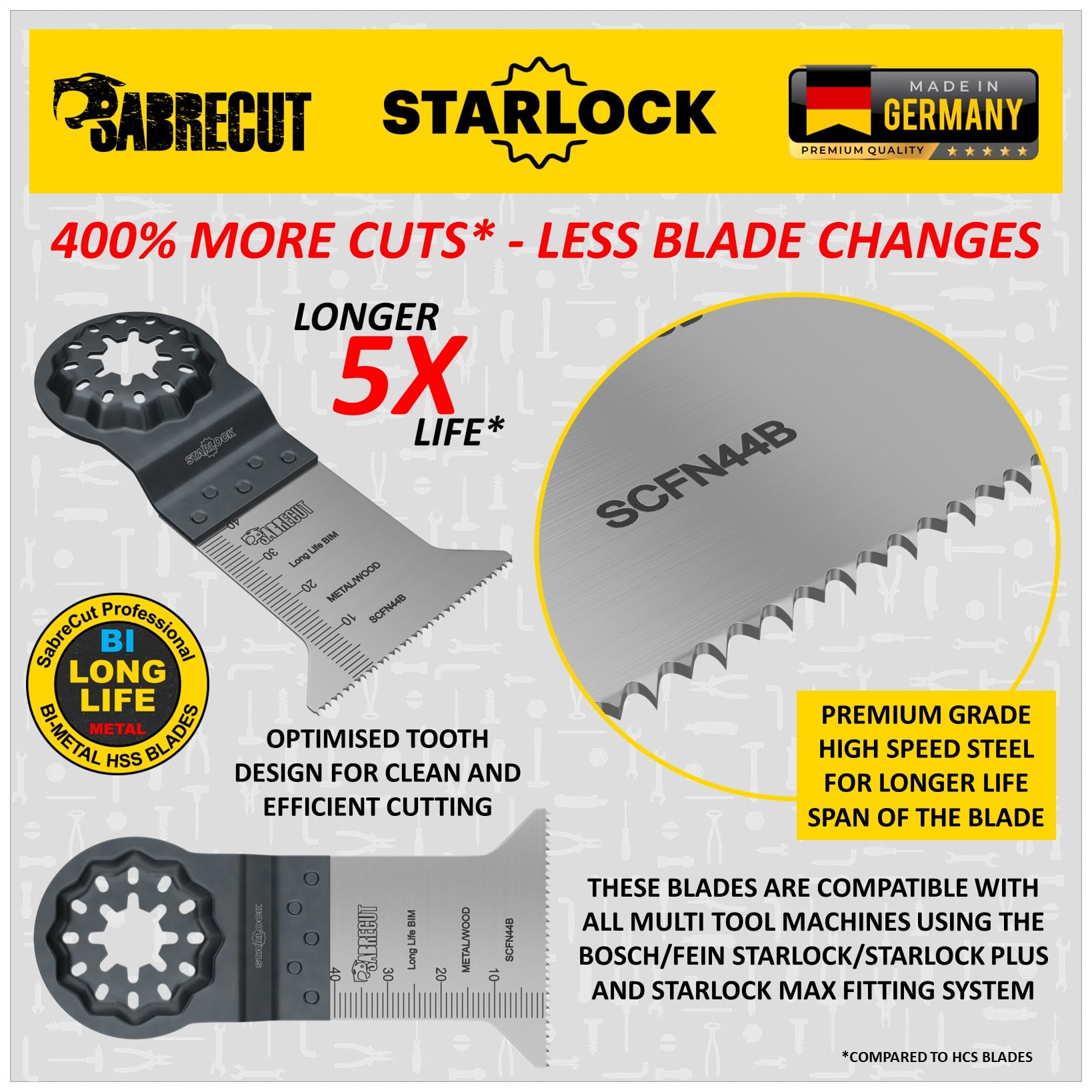 5 x SabreCut SCFNK5 Mix Bimetal (BIM) Cuchillas multiherramienta de larga duración compatibles con el sistema de ajuste multiherramienta Bosch Fein Starlock/Starlock Plus y Starlock Max y accesorios