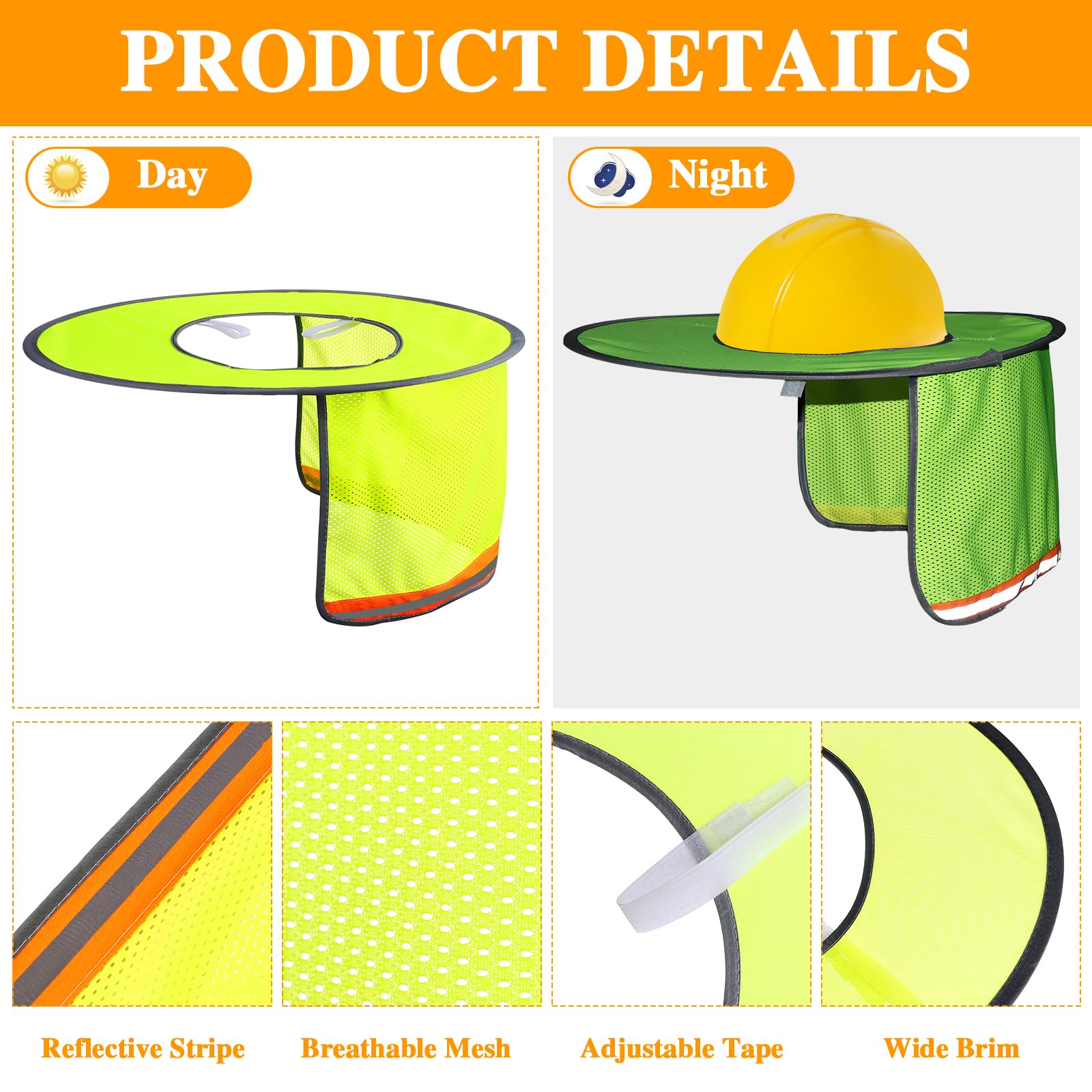 Paquete de 15 parasoles para casco duro, visera de ala completa, protector de malla para el cuello, visera de ala completa con tira reflectante, casco duro no incluido