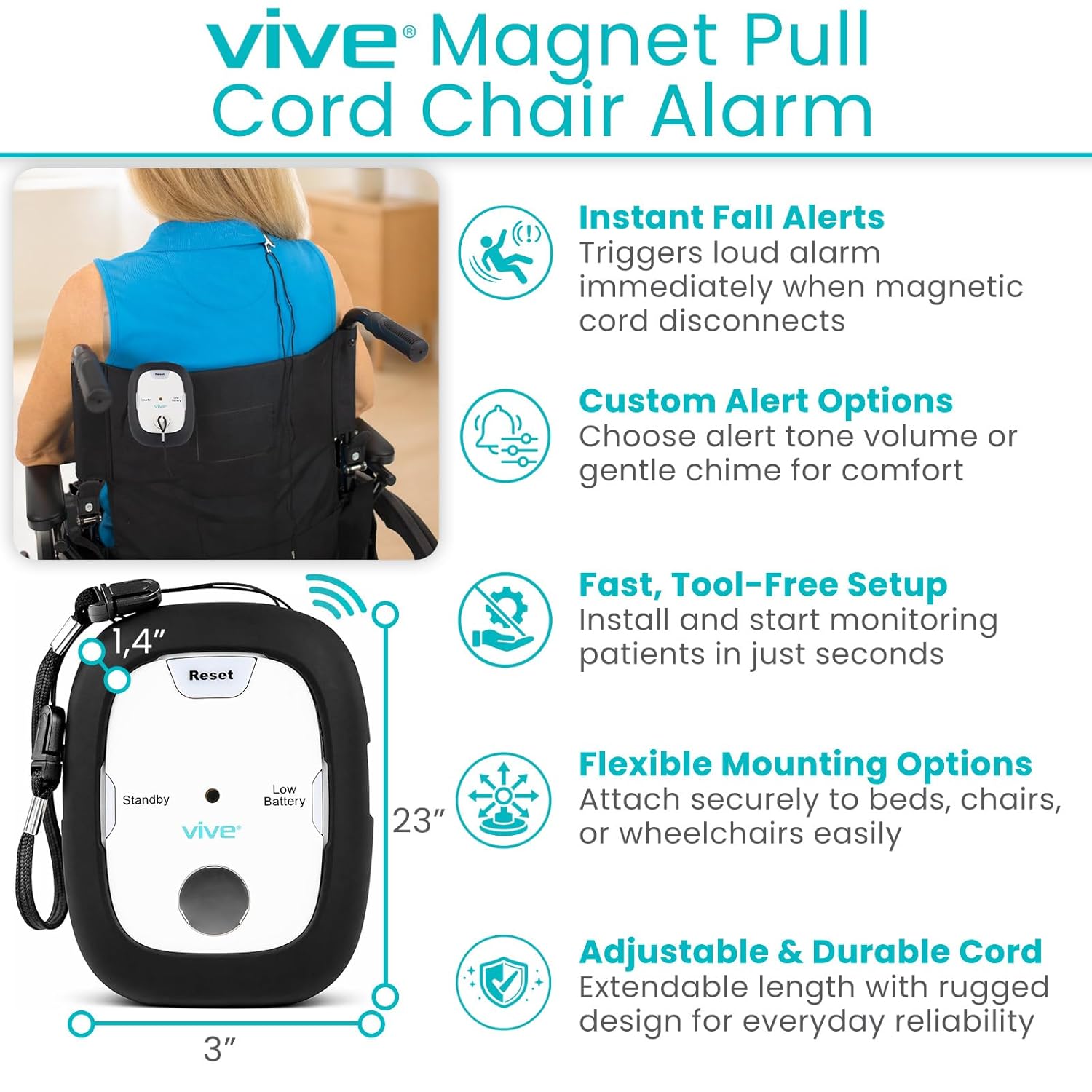 Vive Magnet Pull Cord Chair Alarm for Elderly Adults - Bed Alarm - Fall Prevention for Elderly Dementia Patients - String Exit Alert Detection for Caregivers Monitoring Seniors - Batteries Included