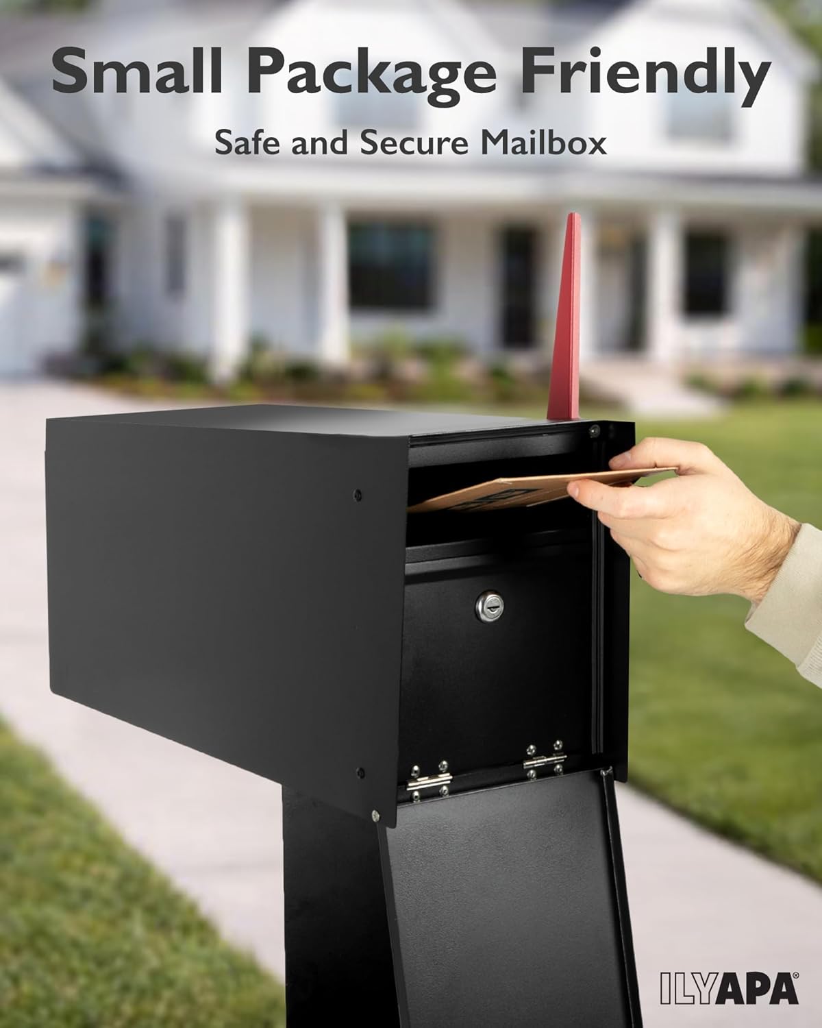 Ilyapa Locking Mailbox with Lock and Key - 21x8x10 Inch Black Modern Mailboxes for Outside Post Mount - Heavy Duty Metal Mail Box with Magnetic Door