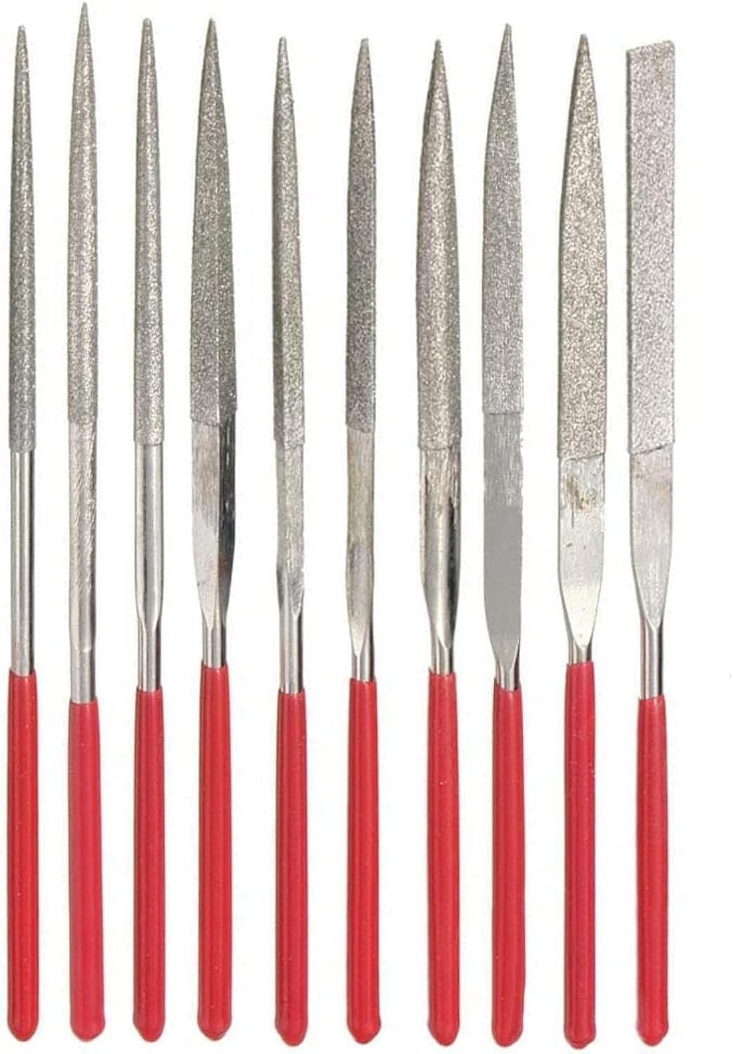 10-Piece Mini Diamond Needle File Set 2x100mm Small Metal Riffler Files Jewelers File Precision Hand Tools for Glass Wood Stone Jewelry - Round Triangular Square Flat Shape