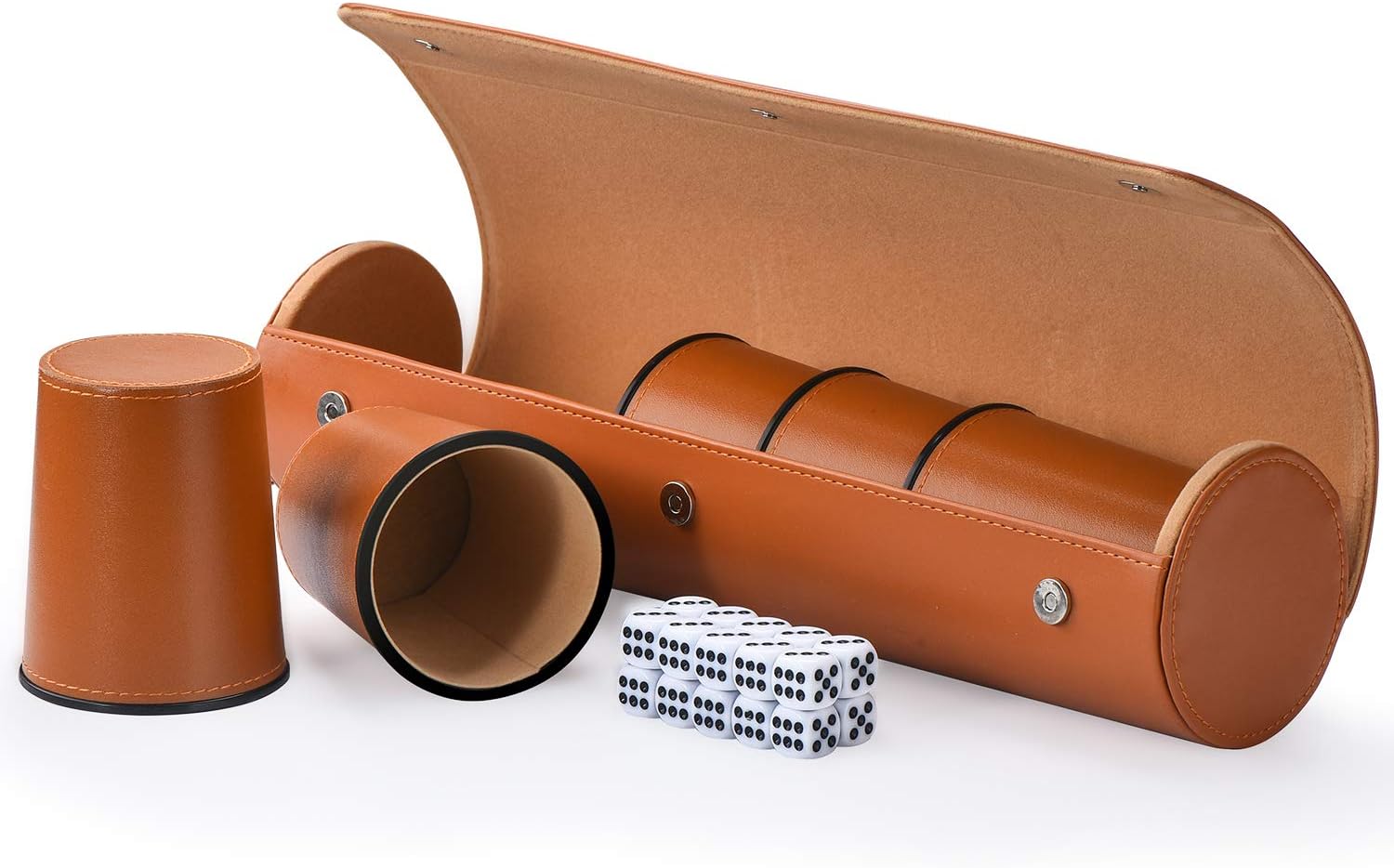 ImnBest Party Games Leather Dice Cup Set, 5 Leather Dice Cups + 25 Dice + Exclusive Storage and Transport Case Made of Faux Leather with Magnetic Closure