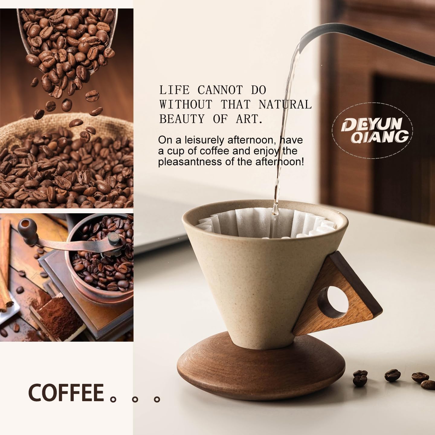 Retro conical coffee cup - creative coarse pottery cup with wooden base image 4
