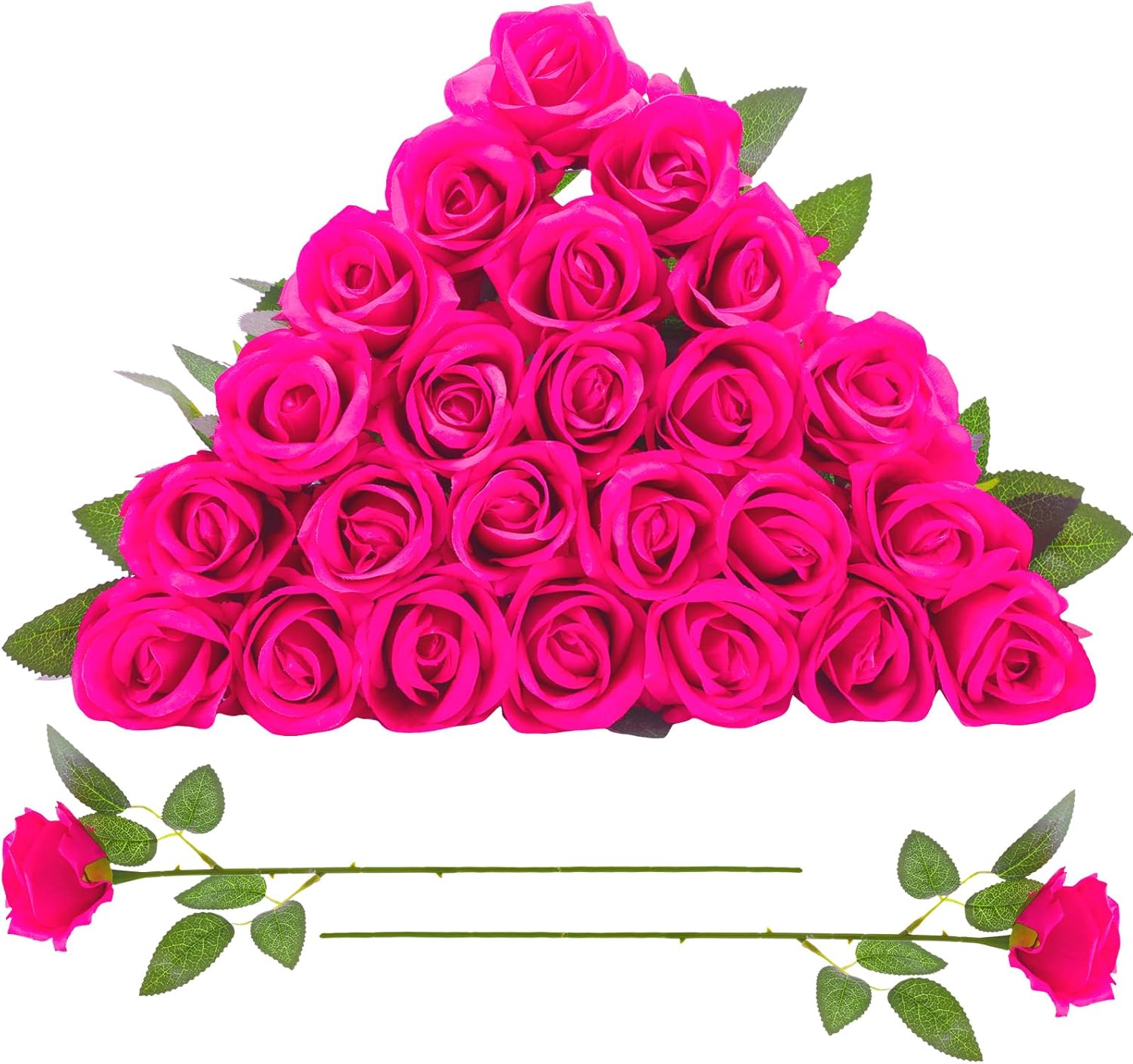 24 Pcs Hot Pink Rose Artificial Flowers with Long Stem Real Touch Silk Roses Bulk for Wedding, Party, Table Centerpieces Bright Pink Bouquet, Bridal, Home Decor