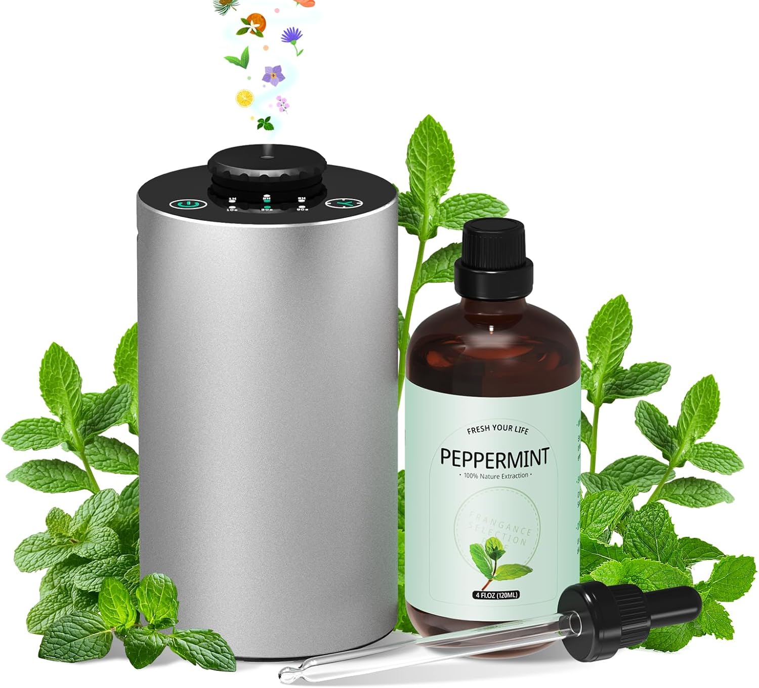 Waterless Essential Oil Diffuser Aromatherapy Scent Diffusers for Home Large Room, Bedroom, Car, Office, Desk, Battery Operated Mini Portable Air Freshener, Included 120ml Essential Oil, Silver