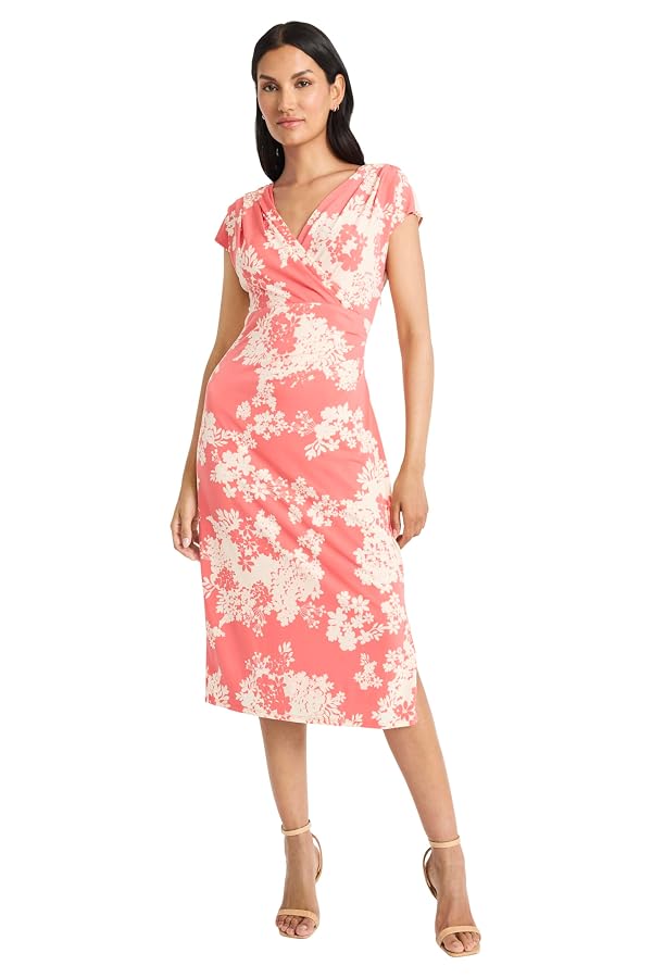 Maggy London Women's Dresses Floral Midi Dress with V-Neck and Cap Sleeves - Elegant Summer Casual Wear for Women, Coral/Ivory, 2 by Maggy London - Used condition - US$30.43