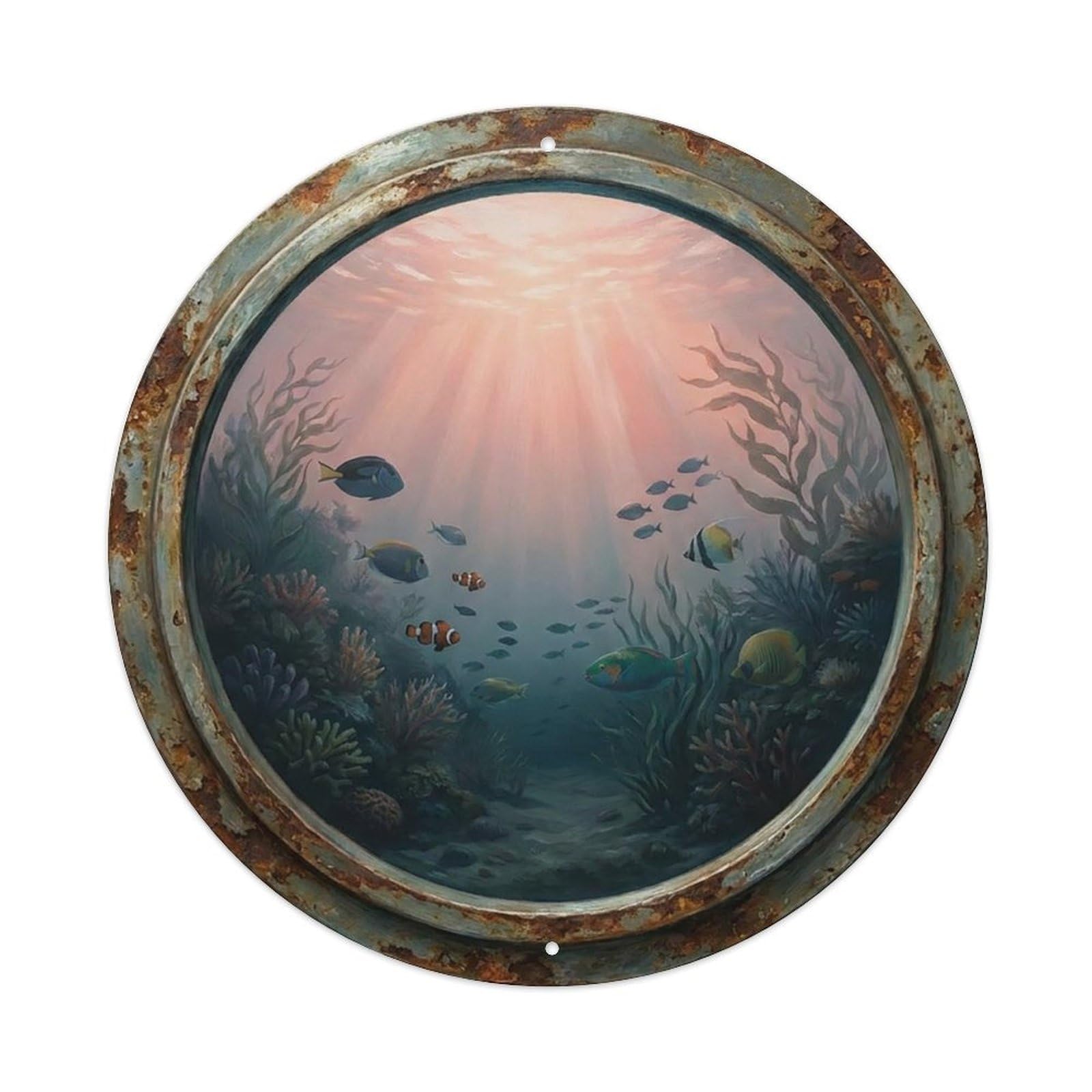 Vintage Porthole Dawn Breaking Ship Window Under Deep Metal Tin Sign