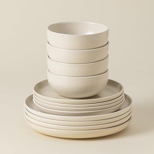 Casafina Ceramic Stoneware 12-Piece Place Setting Service for 4, Pacifica Collection, Vanilla | Microwave & Dishwasher Safe Dinnerware Set | Food Safe Glazing | Restaurant Quality Tableware
