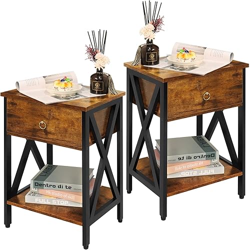Mxbamhyc Industrial Bedside End Tables with Drawer and Storage Shelf,Small Side Table for Bedroom, Living Room, Sofa Couch,Brown