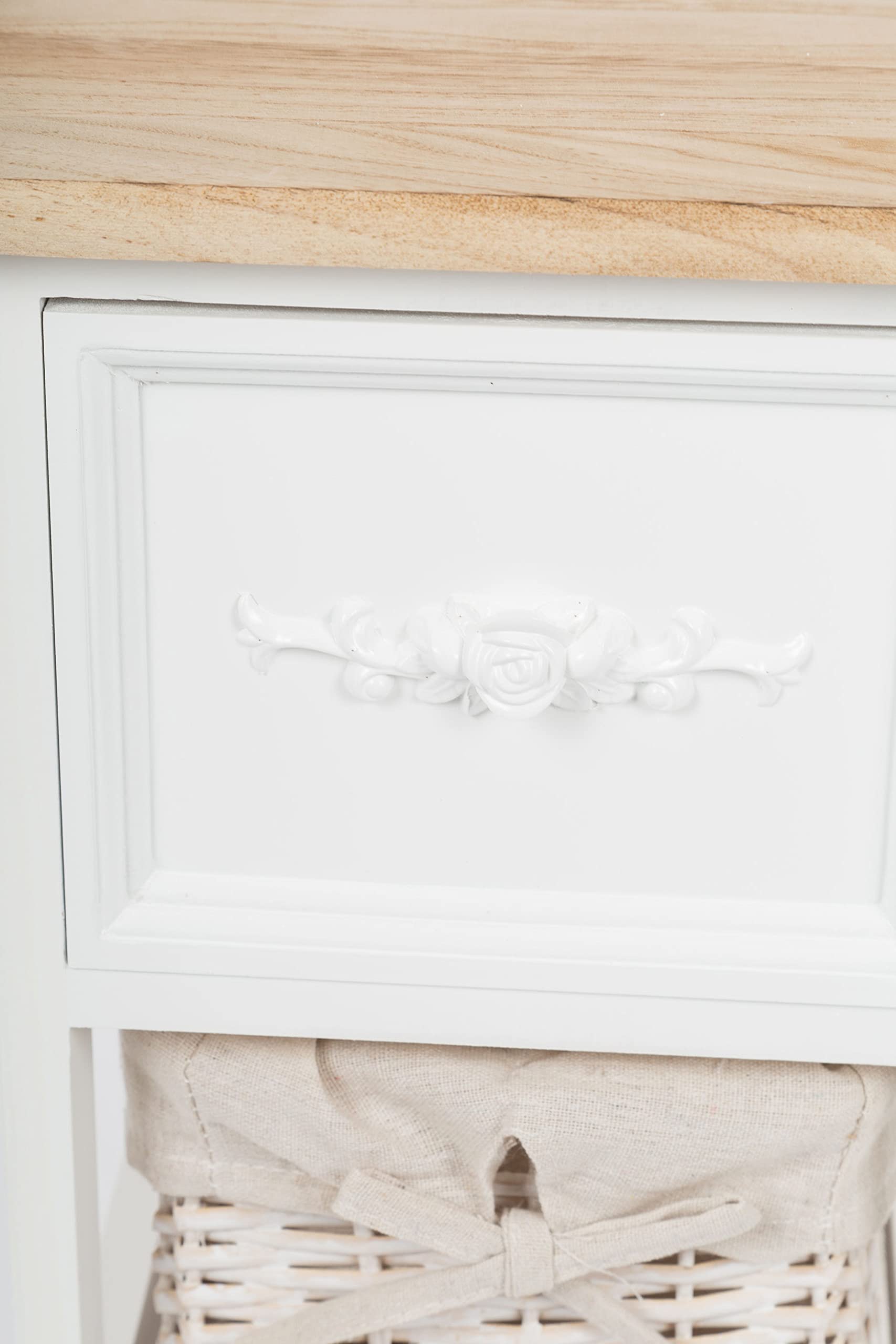 Commode Vintage en Bois Blanc avec 3 paniers en rotin - 80 x 32 cm - Étagère sur Pied avec tiroir de Style Maison de Campagne - Étagère Autonome pour Salle de Bain, Salon, véranda