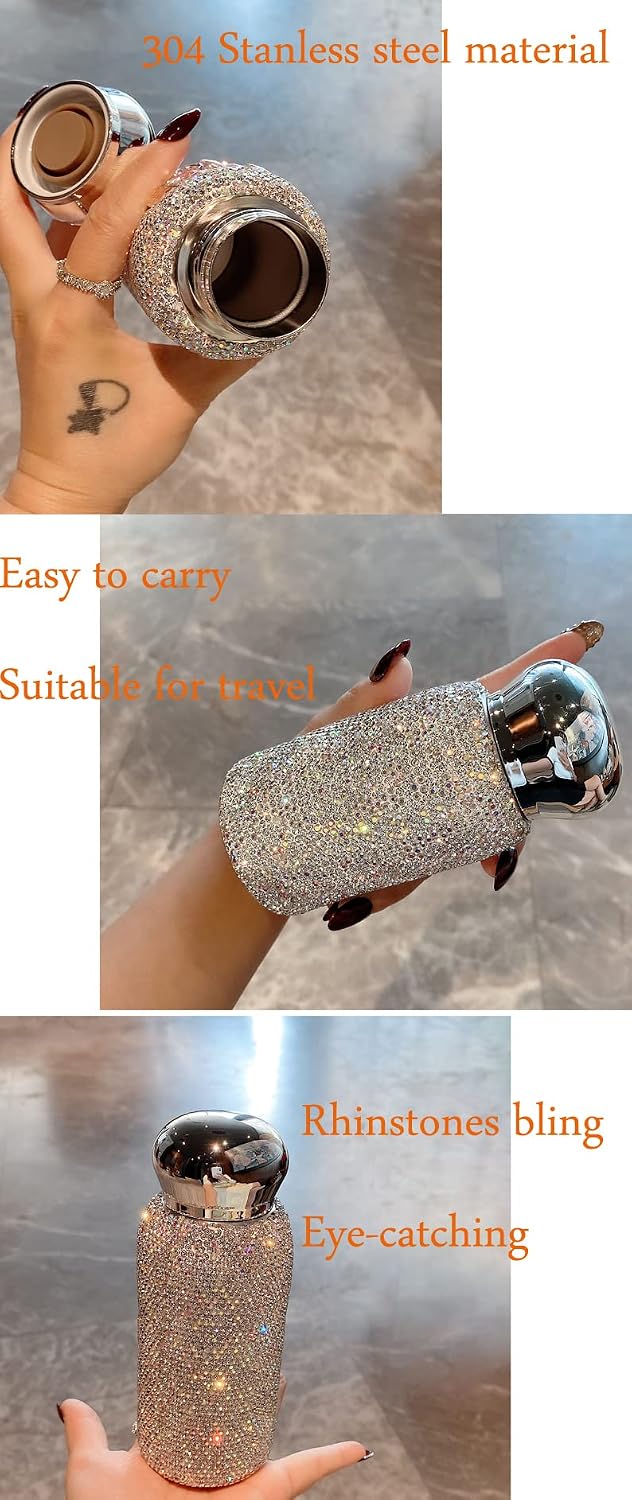 Bling Rhinestone Water Bottle for Women, Stainless Steel Insulated Tumbler with Sparkly Rhinestones, 260ml Capacity for Hot and Cold Drinks (Silver)
