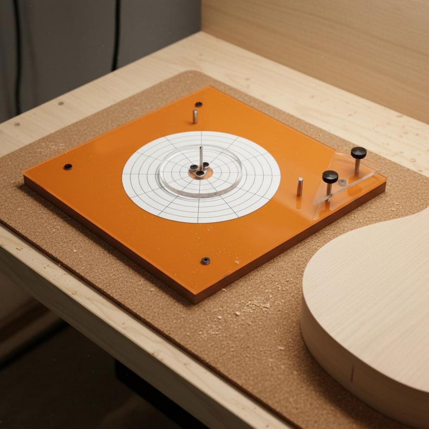 Dispositivo para la fabricación de rosetas de Metal acrílico: Base de fresadora Ajustable para Realizar Cortes repetibles en la incrustación de la Boca de Las Guitarras acústicas.