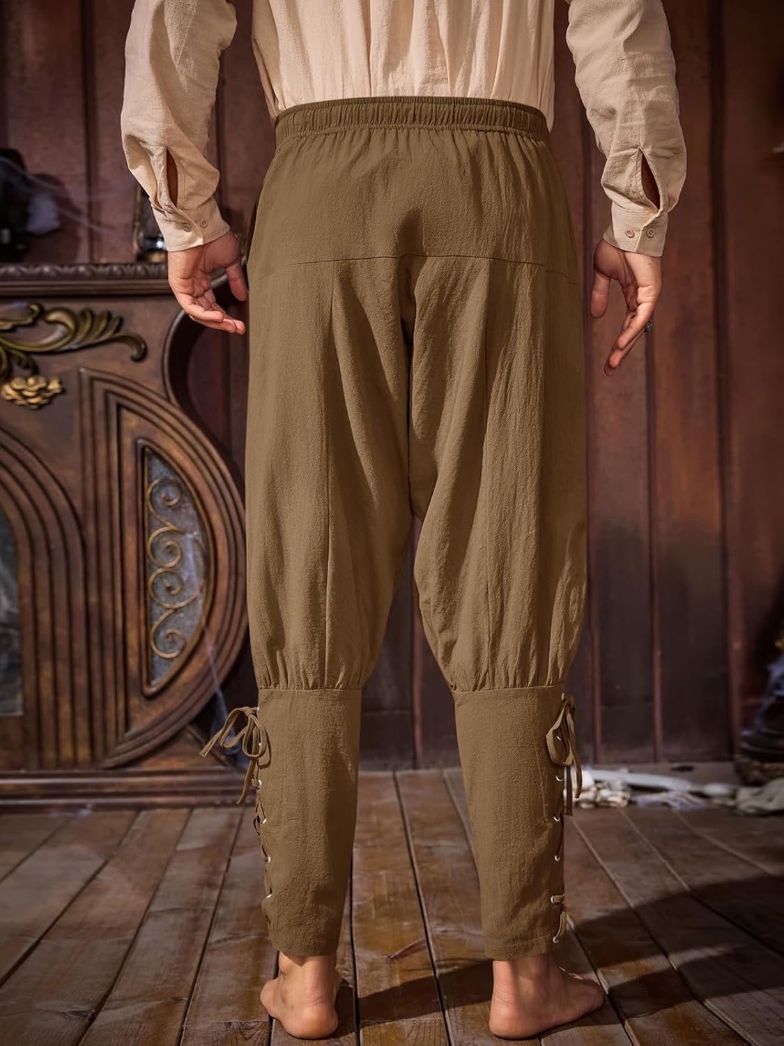 Runcati Mens Medieval Ankle Banded Pants Renaissance Viking Pirate Navigator Costume Pants Lace Up Cotton Halloween Trousers - Image 2