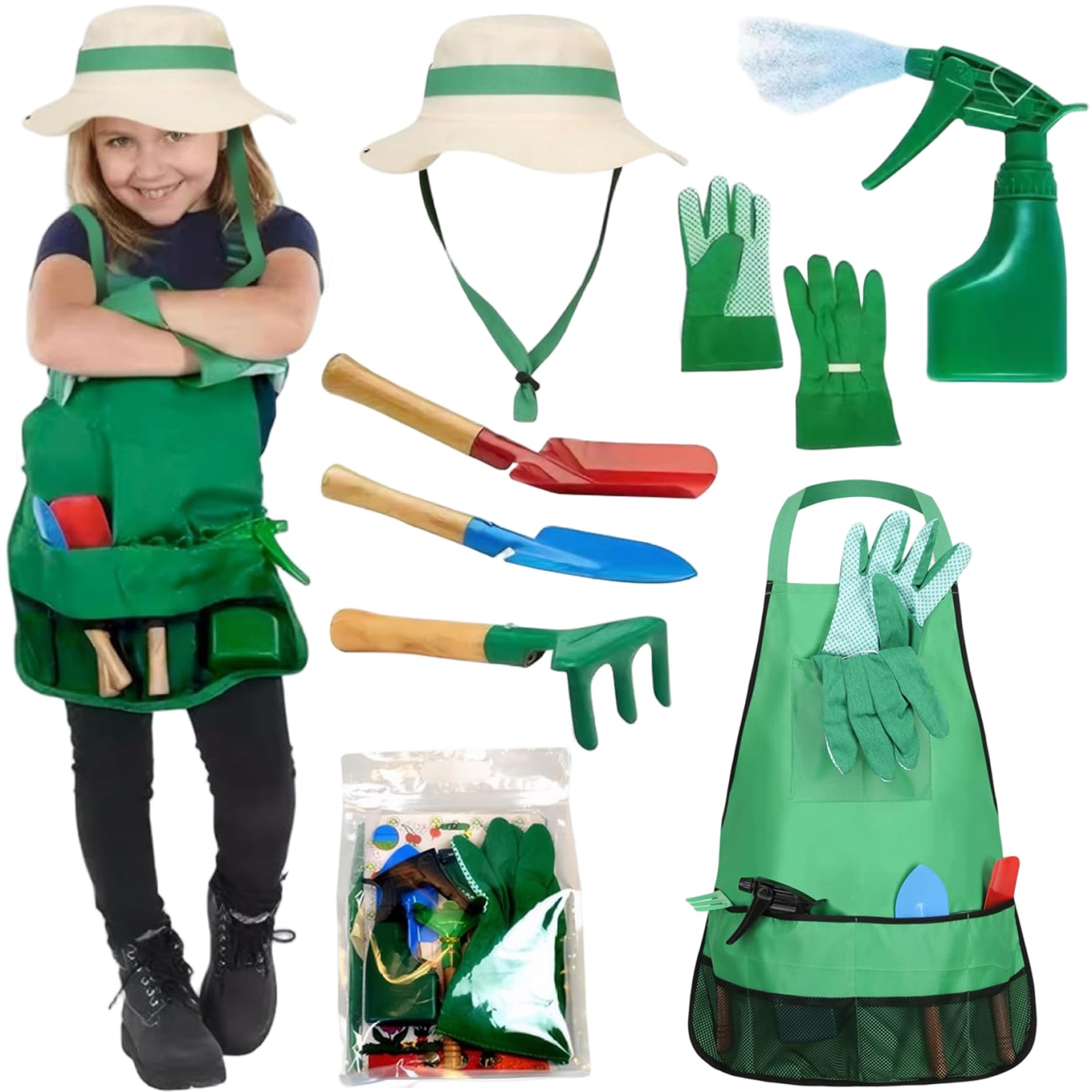 Kids Gardening Kit, 7PCS/Set Toddler Gardening Set with Sun Hat, Apron, Sprayer, Gloves, Rake, Trowel and Shovels, Garden Tools for Kids Height 45.28-57.09 Inch Toddler Tools
