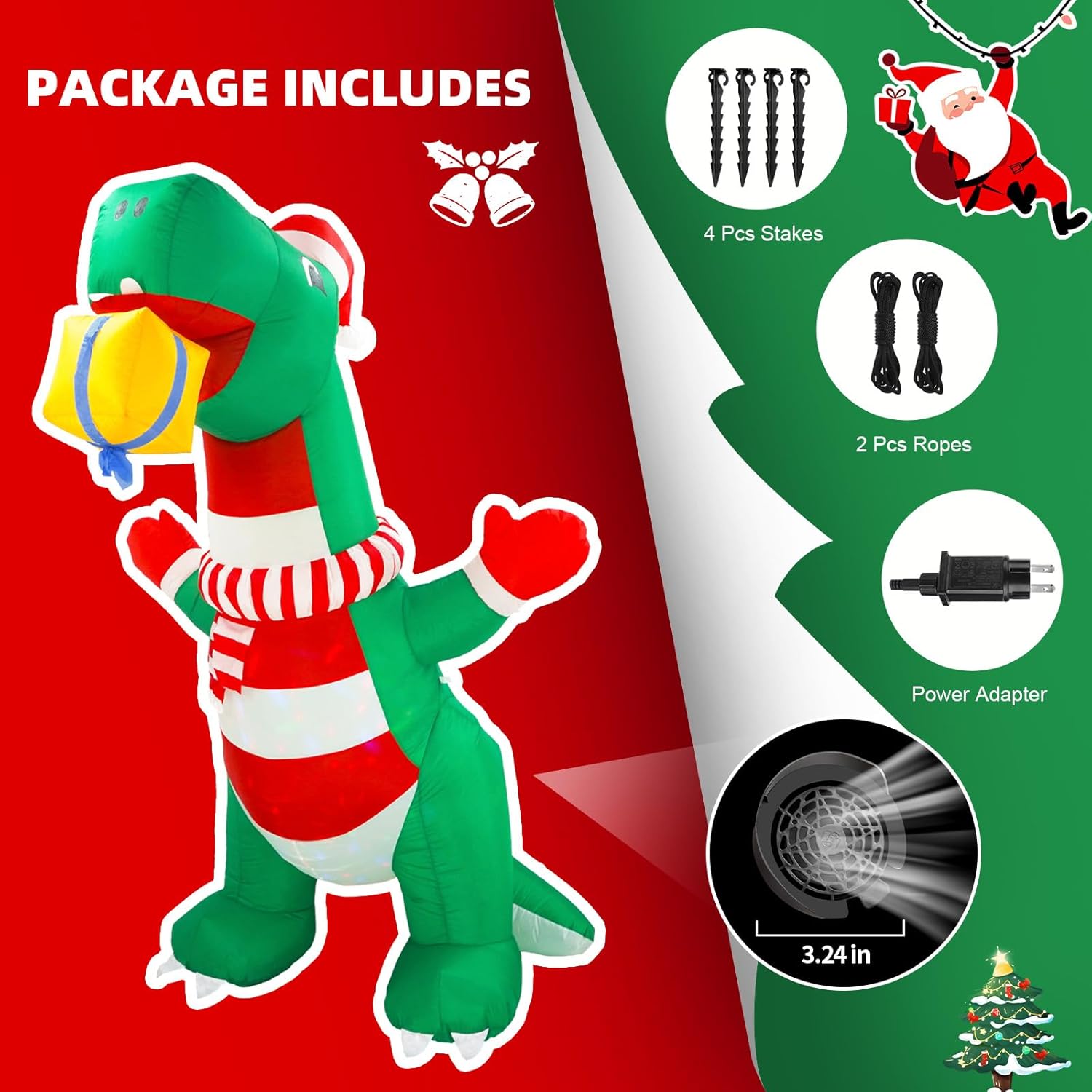 Dawdix 8FT Dinosaur Christmas Inflatable Outdoor Decoration, Large Blow Up Dino with Christmas Hat & Gift Box Built-in 360°Rotating Light, Holiday Inflatables Décor for Yard Garden Patio Outside