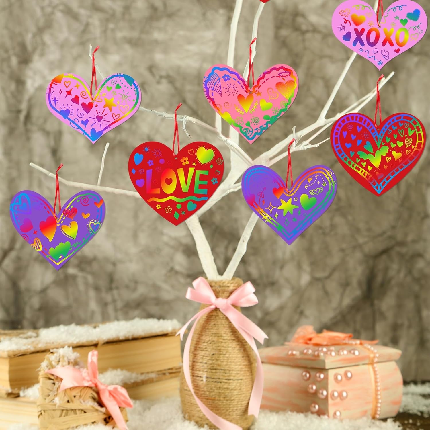 90shine 60 Sets Valentines Day Crafts Color Scratch Heart Magic Craft Art Kit Classroom Preschool Activities Party Favors