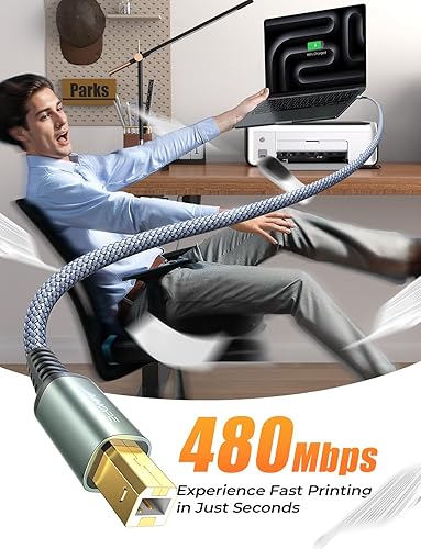 Miniatura 3 de AINOPE - Cable de impresora a USB, cable MIDI USB B a USB C de 480Mbps, cable de nylon trenzado tipo B para MacBook Pro, HP Canon Brother Dell Epson