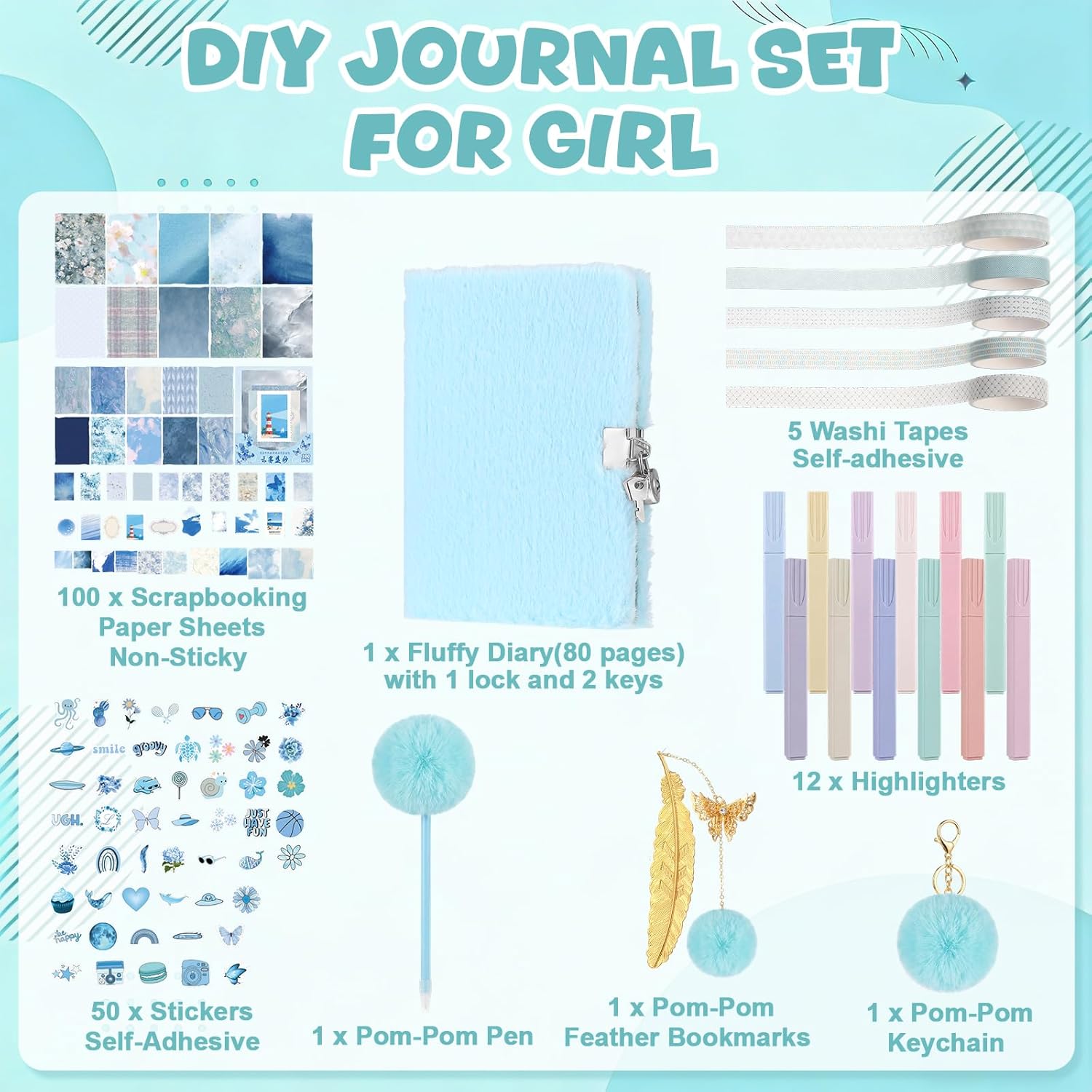 Janlaugh DIY Journal Diary with Lock Pack Scrapbook Kit Stationery Diary Supplies Art Crafts Kit for Birthday Holidays Ideal Gifts for Women Teen Girls (Blue,Plush)
