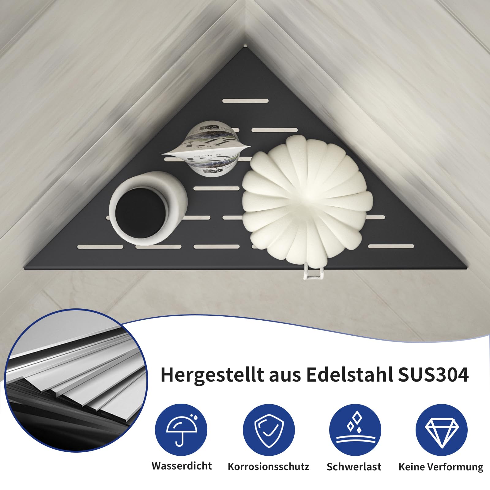 Bernkot Corner Shower Shelf 305mm Matte Black 304 Stainless Steel Recessed Corner Shelf Bathroom Shower Shelf for Tiled Wall No Drilling Pack of 2 - Image 3