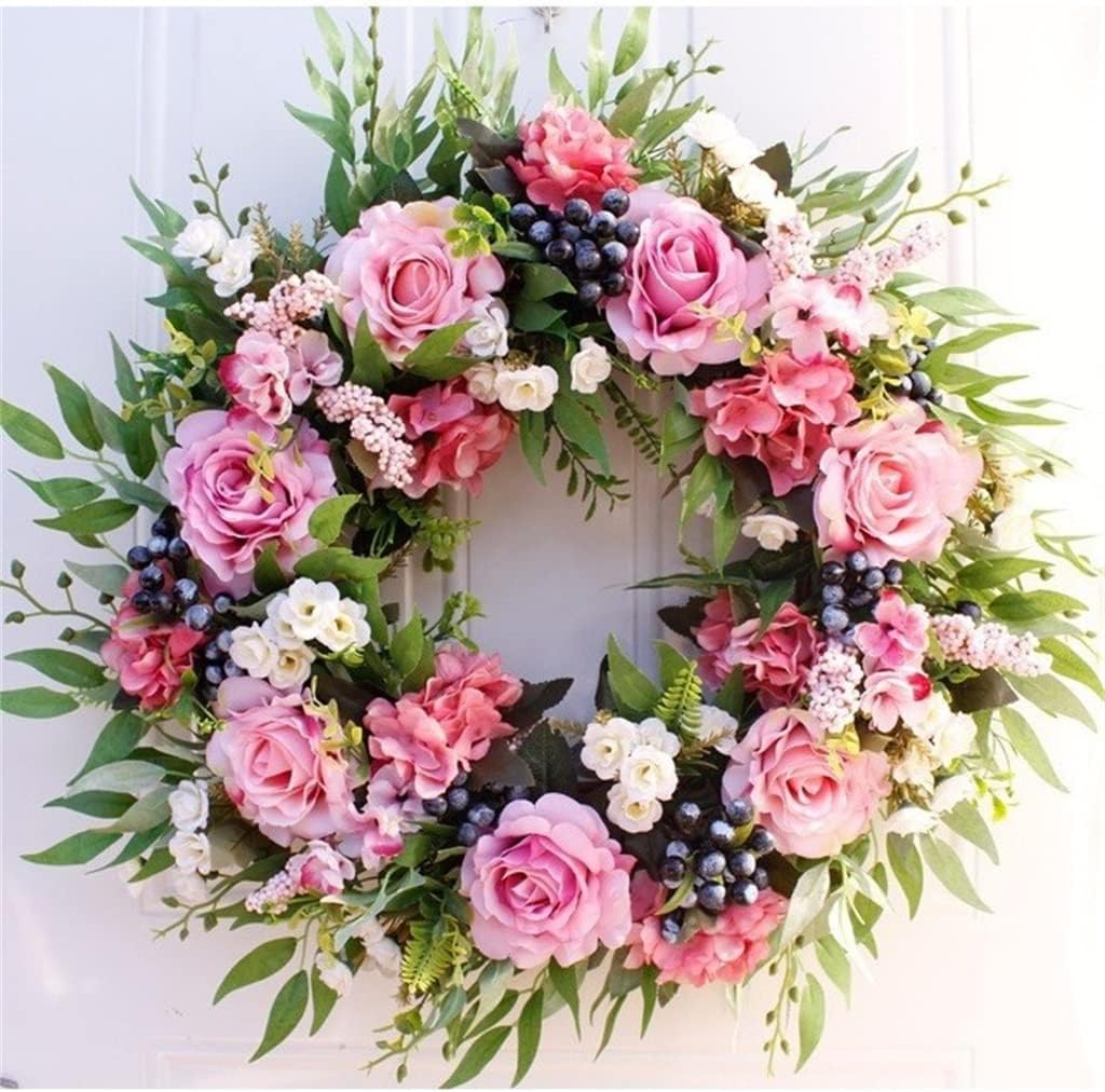 Pink Rose Simulation Wreath Hanging Decoration Door Wall Home Decoration (D 56cm)