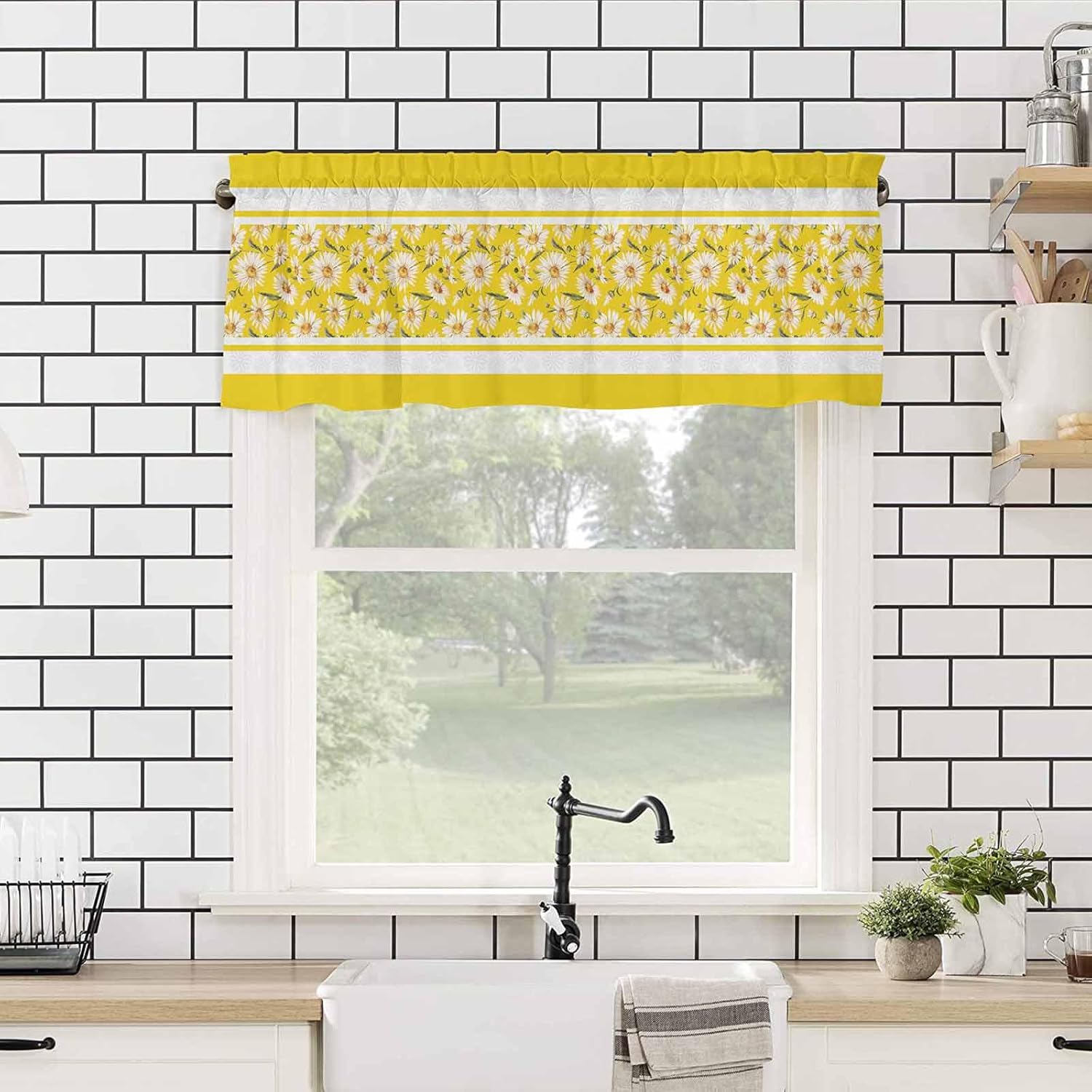 Spring Daisy Valance Curtains Spring Flower Summer Floral Farmhouse Rustic Yellow Linen Texture Rod Pocket Window Valance Short Curtains for Living Room/Bedroom/Bathroom Small Windows 60x18in