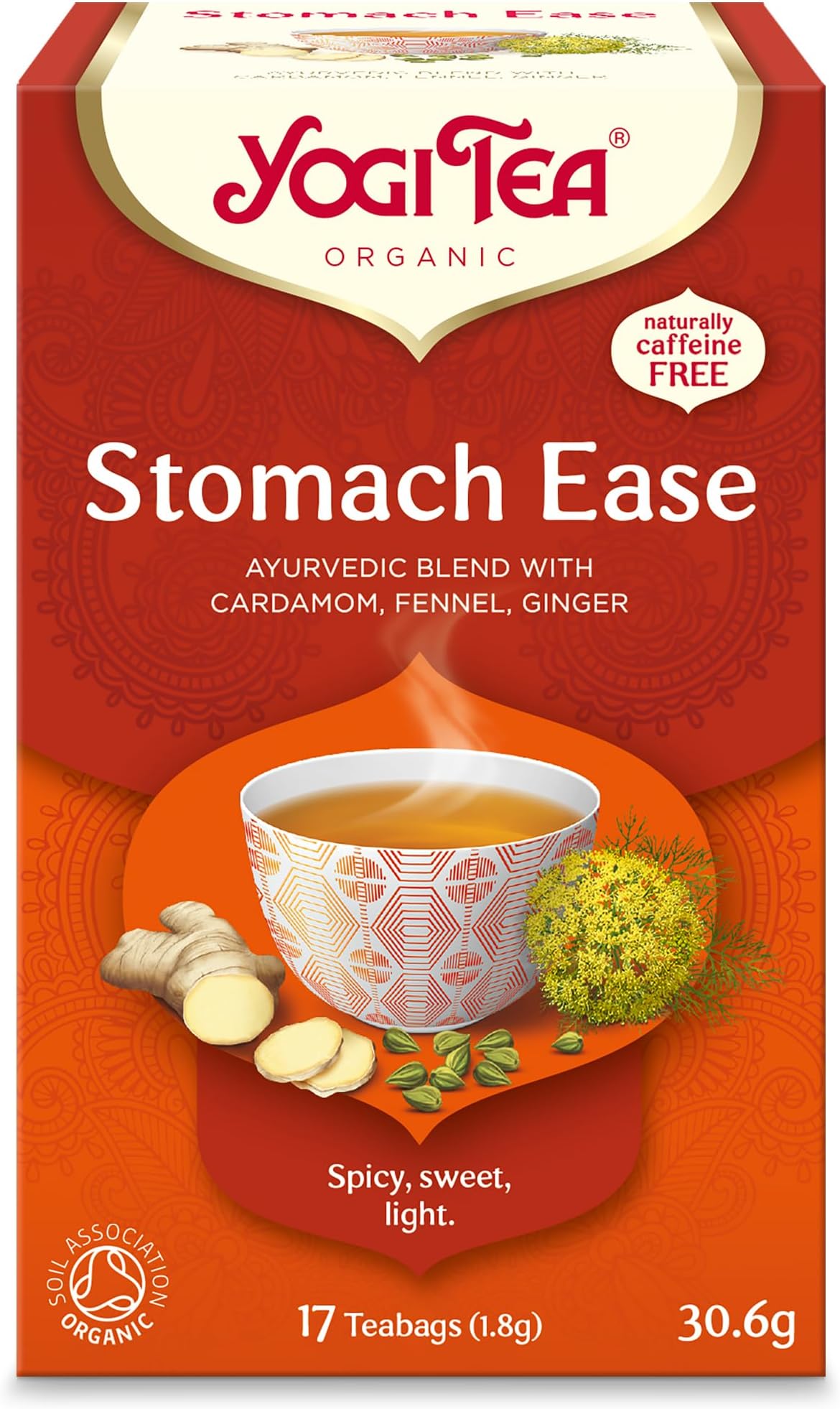 Stomach Ease, Organic Herbal Tea, Naturally Caffeine Free, Blend of Cardamom, Fennel and Ginger, 17 Tea Bags