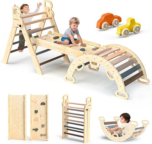 Miniatura 9 de BlueWood 2025 8-en-1 Juego de Escalada Triangular Pikler para Niños Pequeños Juguetes de Interior Parque Infantil de Jungla para Bebés - Rosa Morado