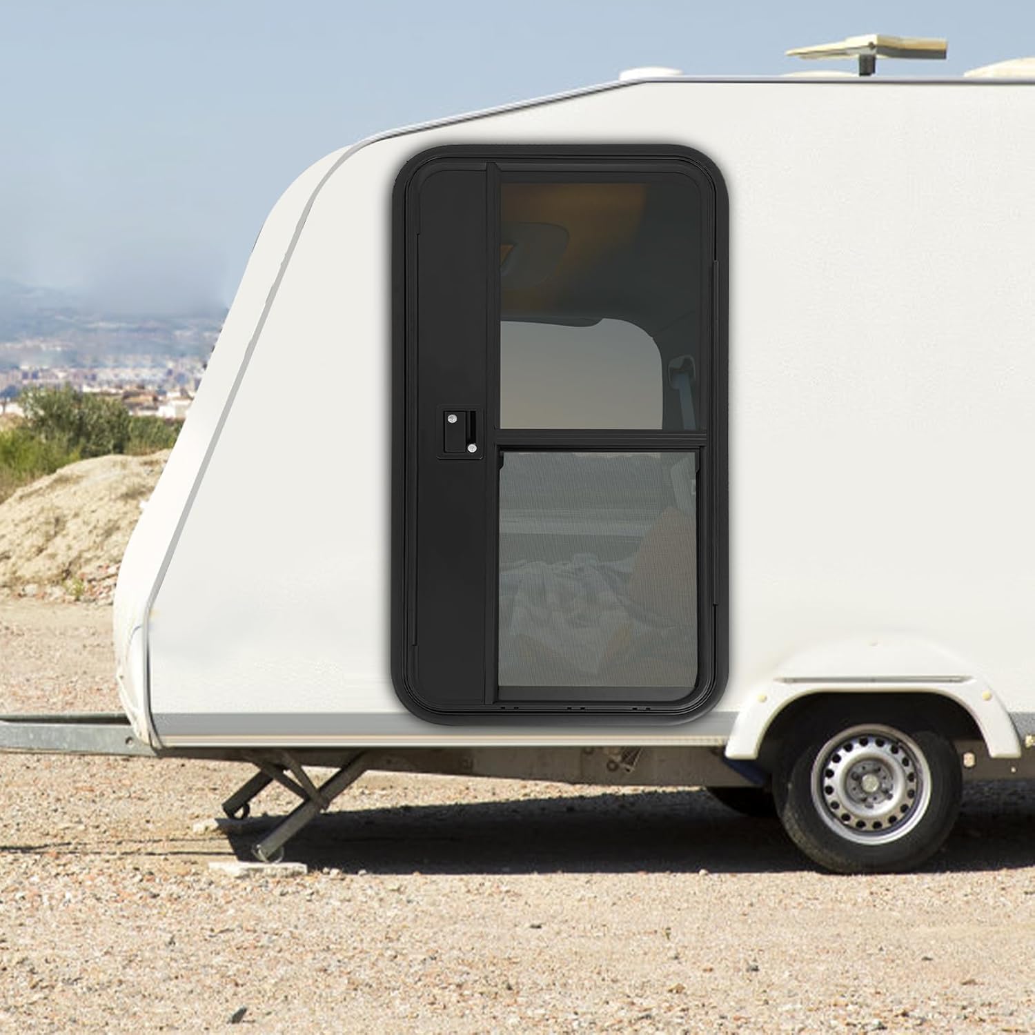 RV Entry Door 23"x44", Right Passenger Side Black Aluminum Alloy Teardrop Trailer Door with Tempered Glass, Weatherproof Replacement Entrance Door for Motorhome (Right Passenger Side)