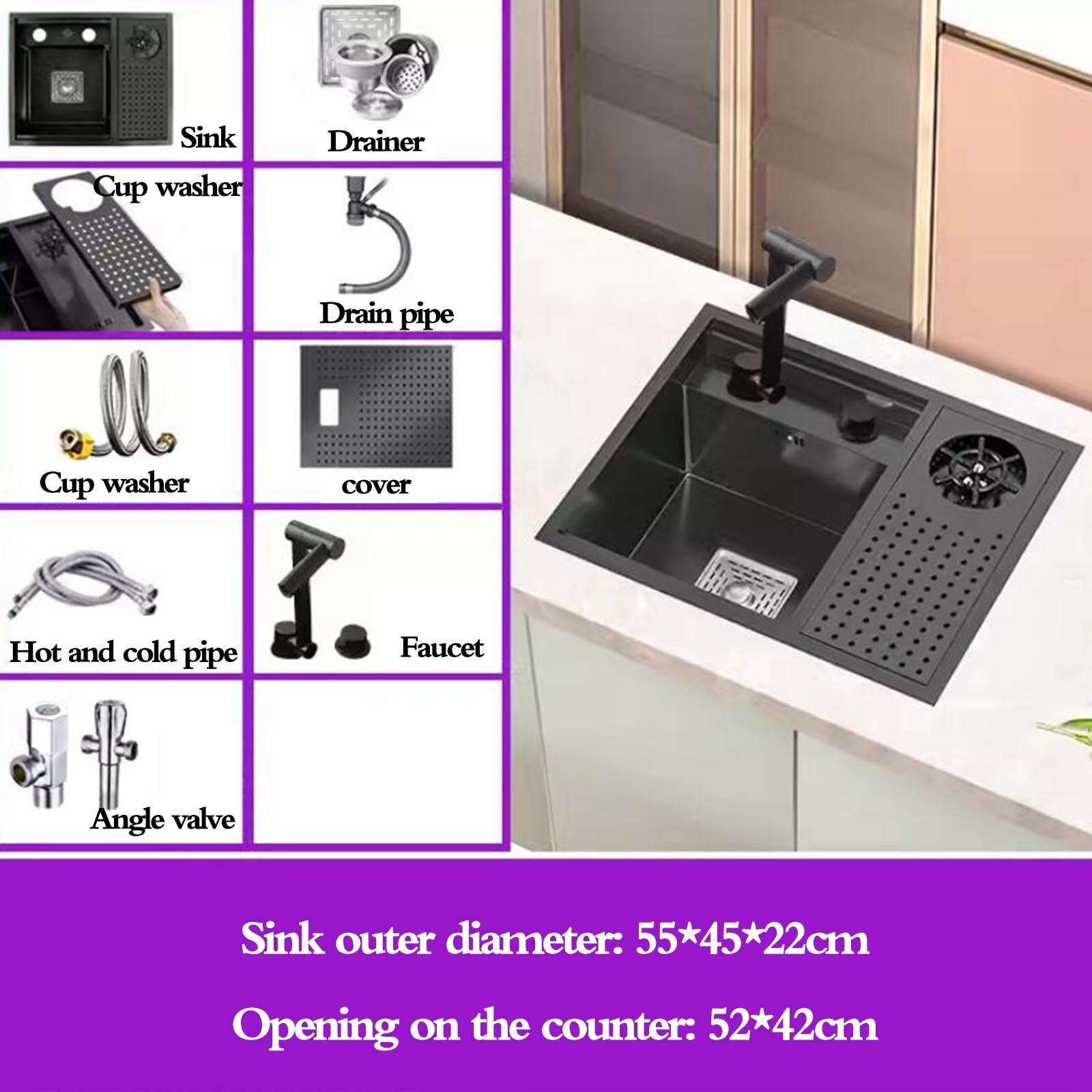 Fregadero Invisible de un Solo Seno con Grifo Plegable y lavavasos para restaurantes, cafeterías y Bares. Lavabo de encimera Que Ahorra Espacio para Lavar Verduras y Utensilios de
