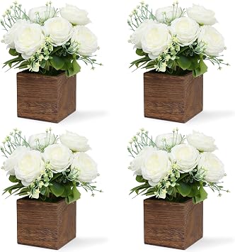 Dining Table Centerpiece Set of 4 - Artificial Peony Flowers with Wooden Vase - Boho Fake Rose Bouquets Small Faux Silk Floral Arrangement for Wedding Party Bathroom Home Decor, White