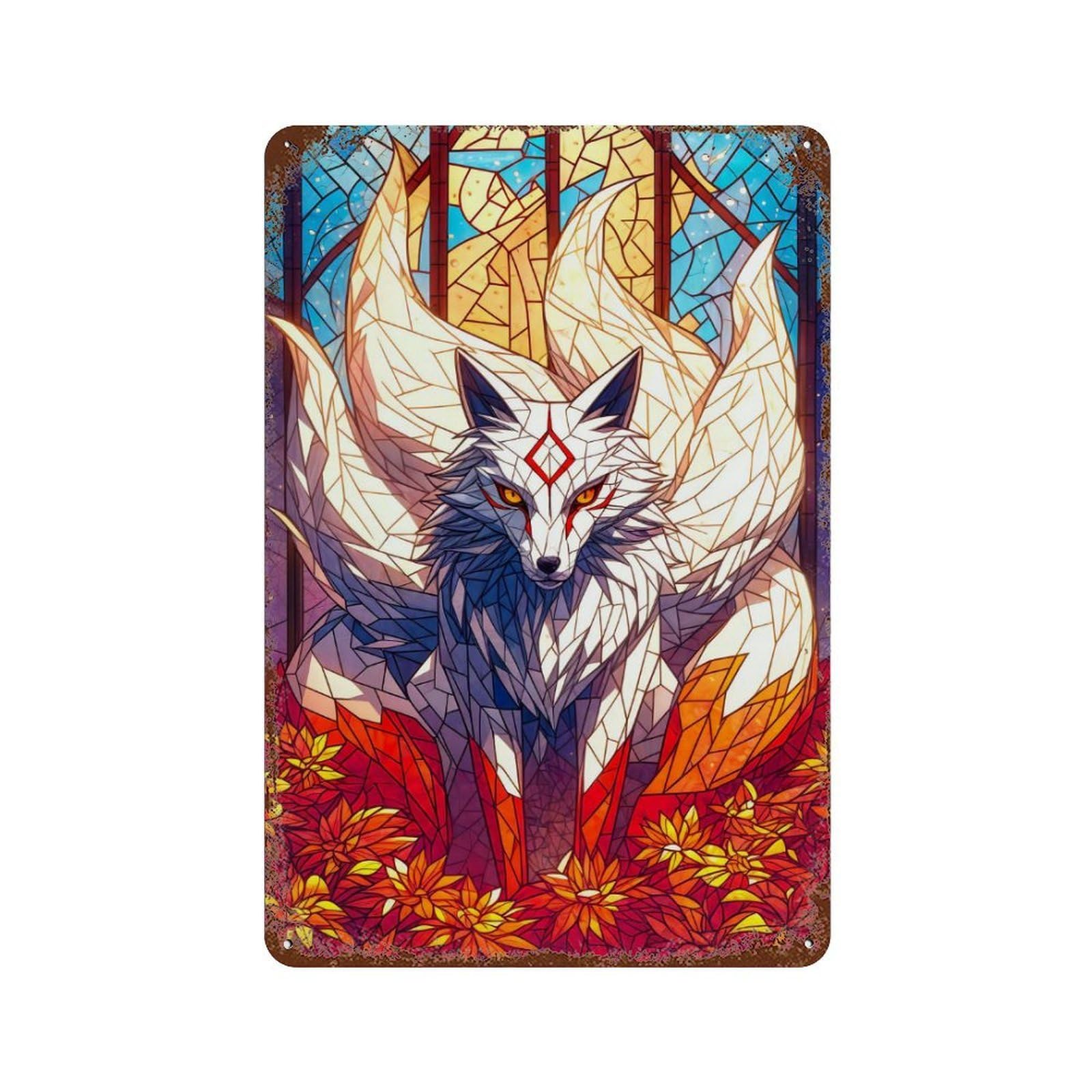Mystical Kitsune Decorative Tin Sign 11.8"x7.9", Rustic Home Decor for Cafe, Home Bar And Lounge Decor