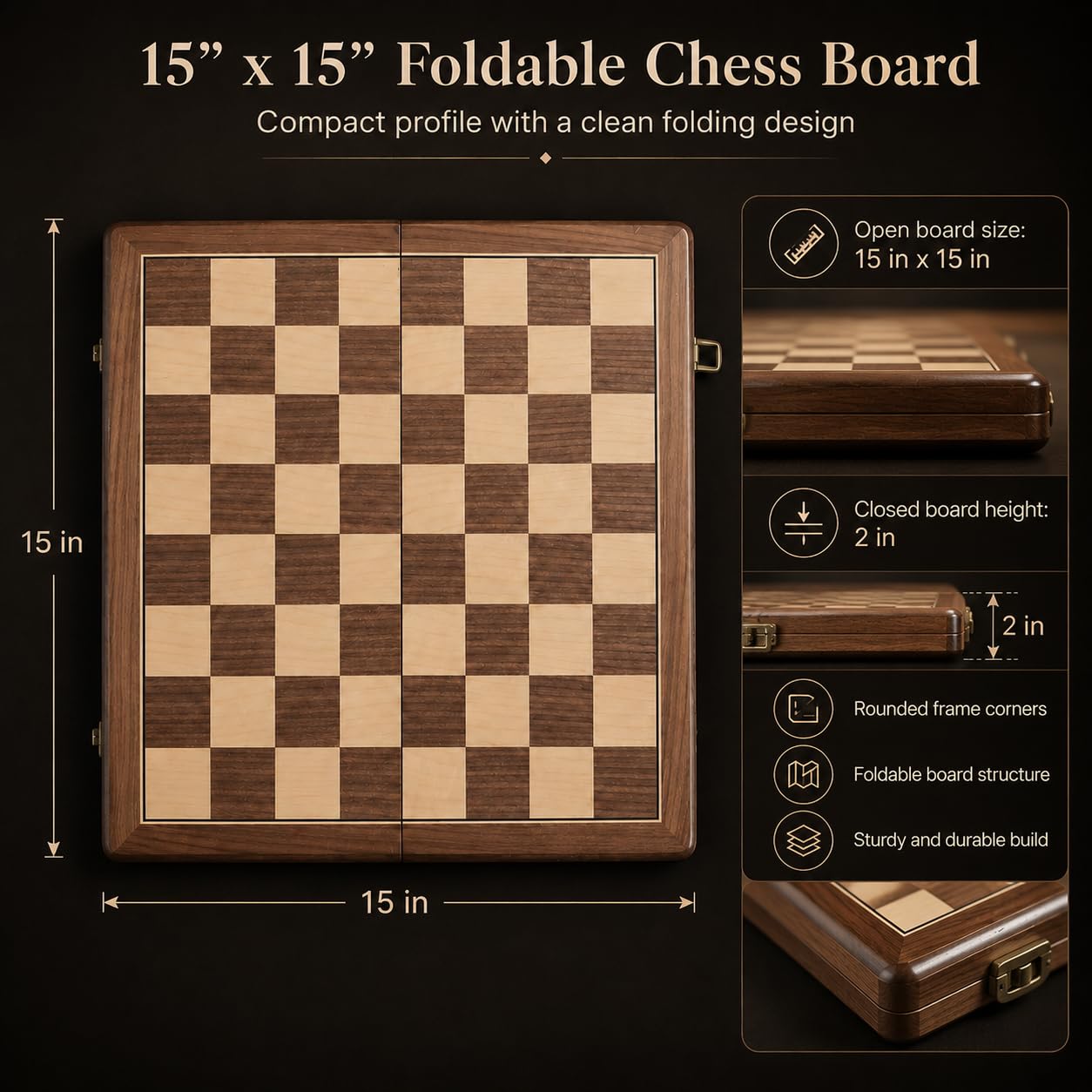 38 cm Holz Klapp-Schach- und Dame-Set, 2-in-1 Brettspiel, 7,6 cm König Staunton Figuren, 2 zusätzliche Damen (Vintage)