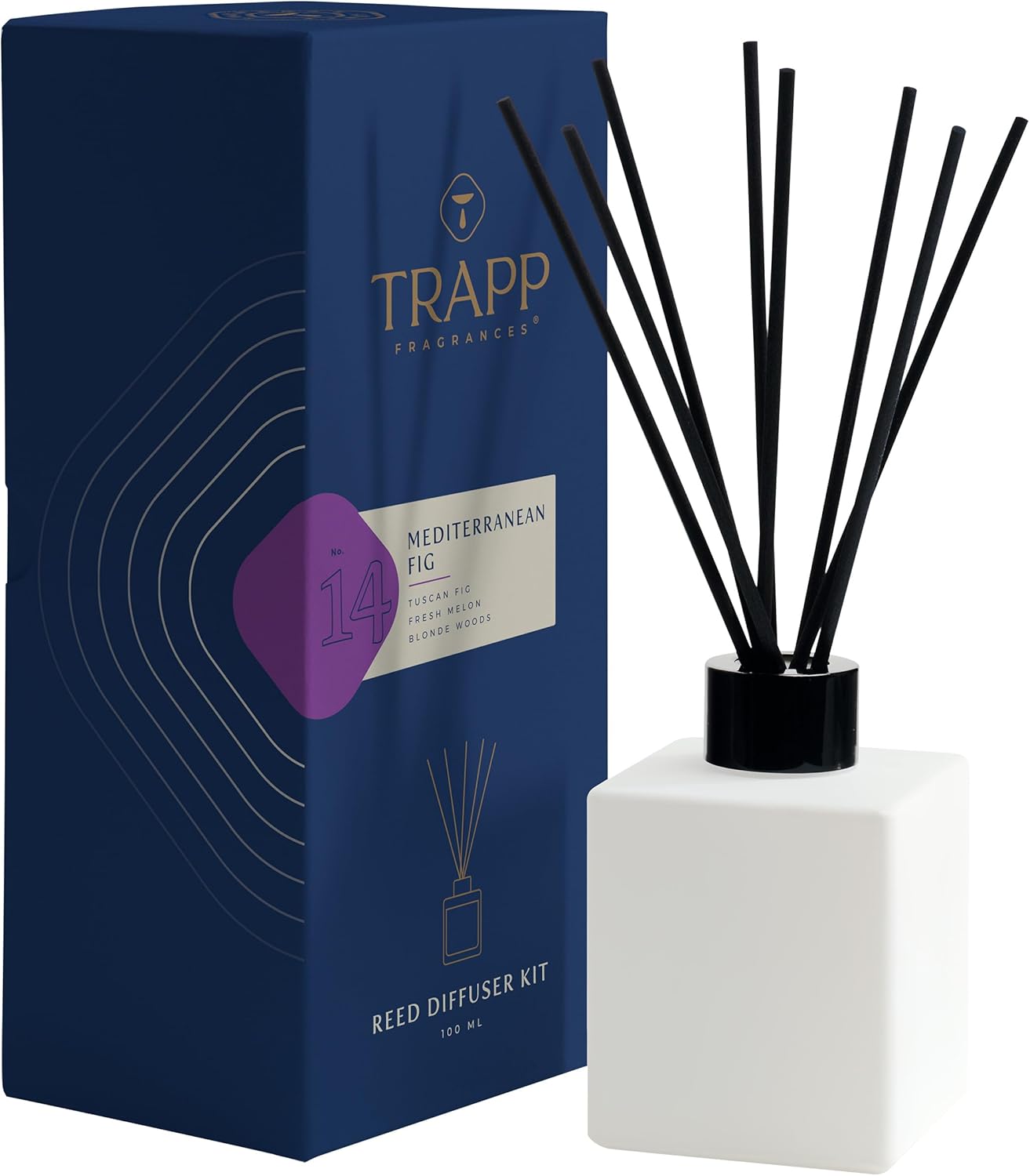 Trapp - No. 14 Mediterranean Fig - Reed Diffuser Kit - Includes Set of Reeds, Scented Diffuser Oil (4 oz.), Vase - Long Lasting Scent Notes of Tuscan Fig, Fresh Melon, and Blonde Woods
