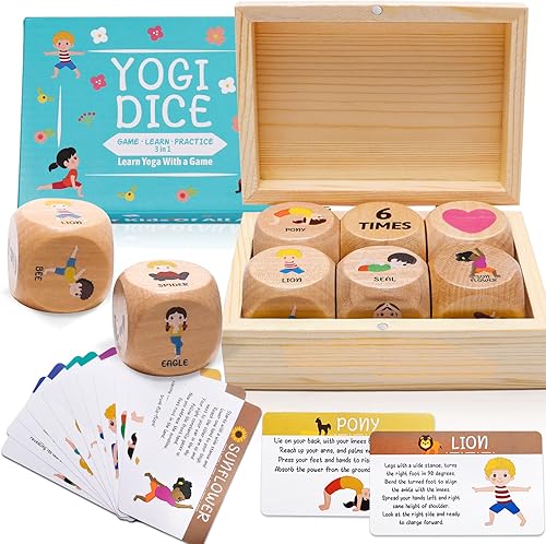 Garybank Dados de yoga para niños, divertido juego de dados de ejercicio para niños, 12 tarjetas de yoga con cajas de regalo de madera