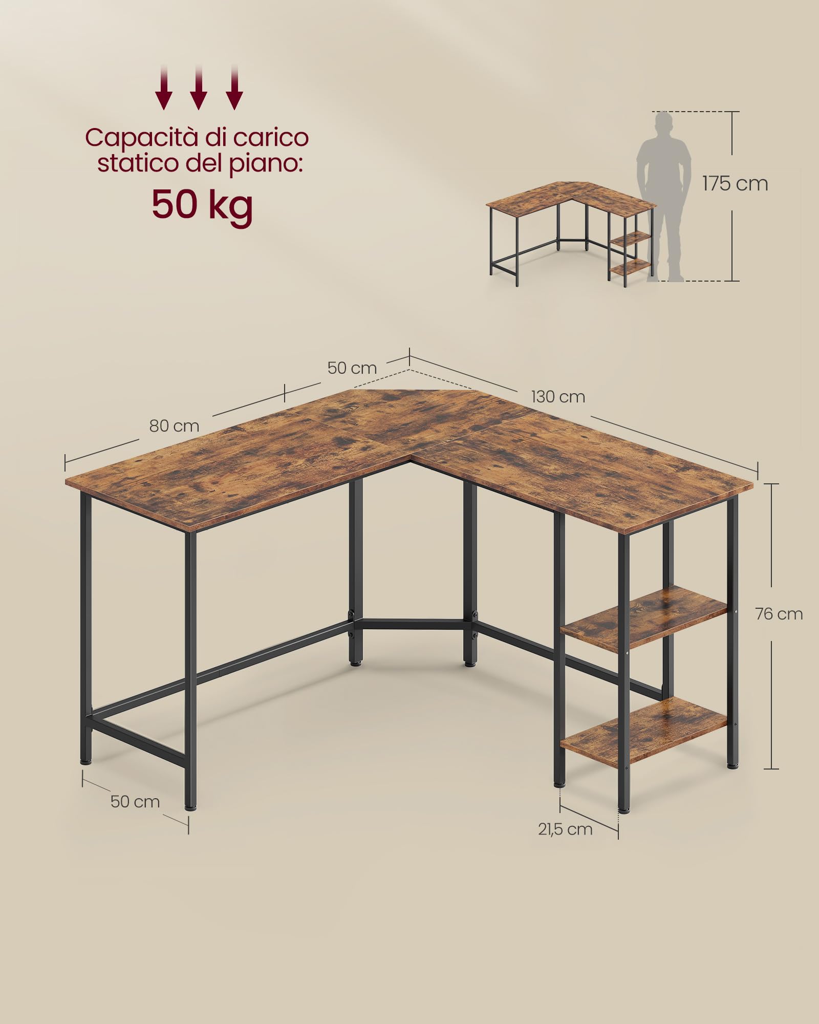 VASAGLE Scrivania per Computer a Forma di L, 130 x 130 x 76 cm, Scrivania ad Angolo con 2 Ripiani, per Ufficio Studio, Marrone Vintage e Nero Inchiostro LWD123K01V1