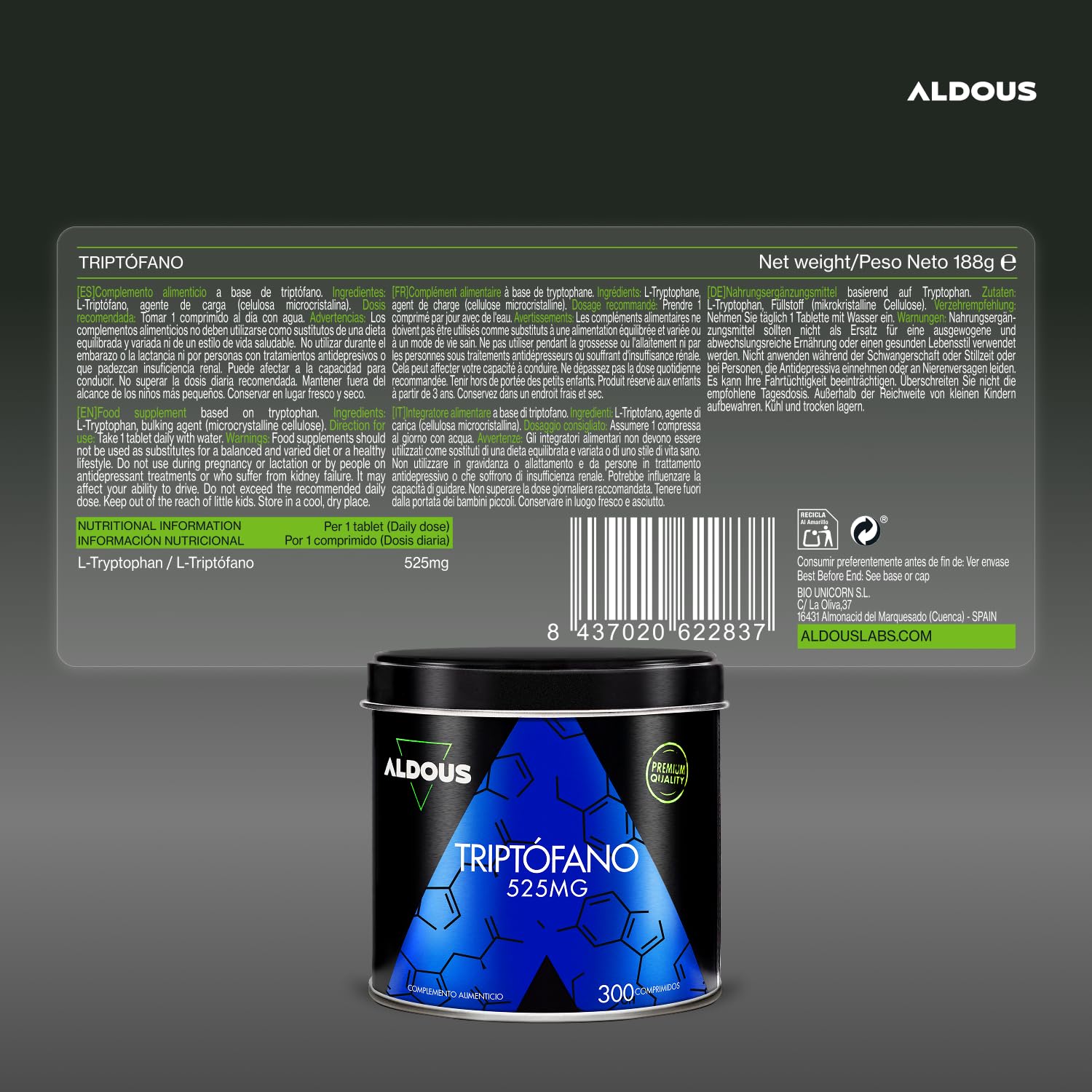 L-Tryptophane pur 525mg - Tryptophane pour un bon sommeil - 300 comprimés pour 10 mois - Dose maximale de repos - Favorise un sommeil profond et améliore l'humeur - Sans excipients - ALDOUS
