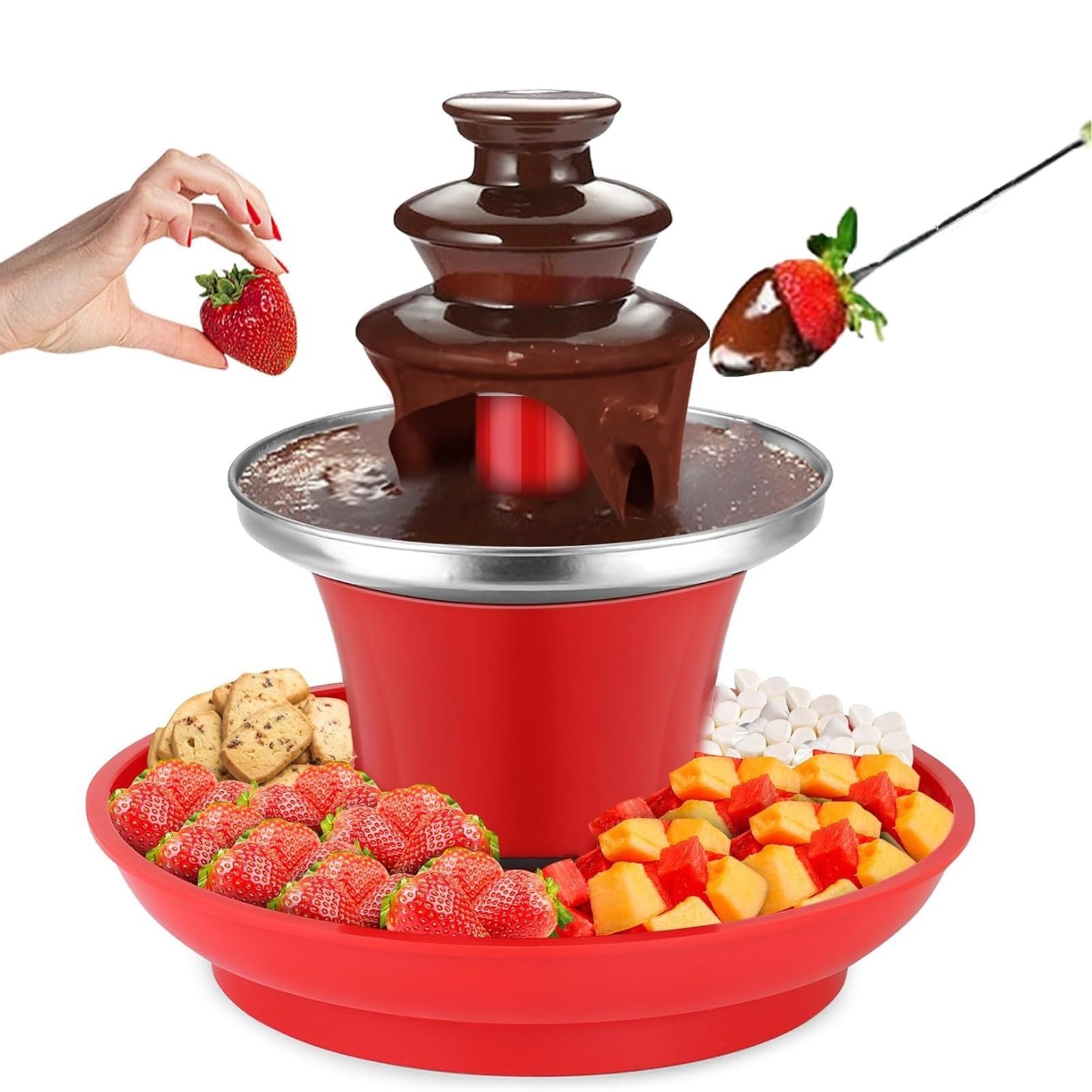 Fuente de chocolate, fuente de fondue eléctrica de acero inoxidable de 3 niveles con bandeja desmontable para chocolate con leche, queso y mantequilla, perfecta para fiestas y eventos