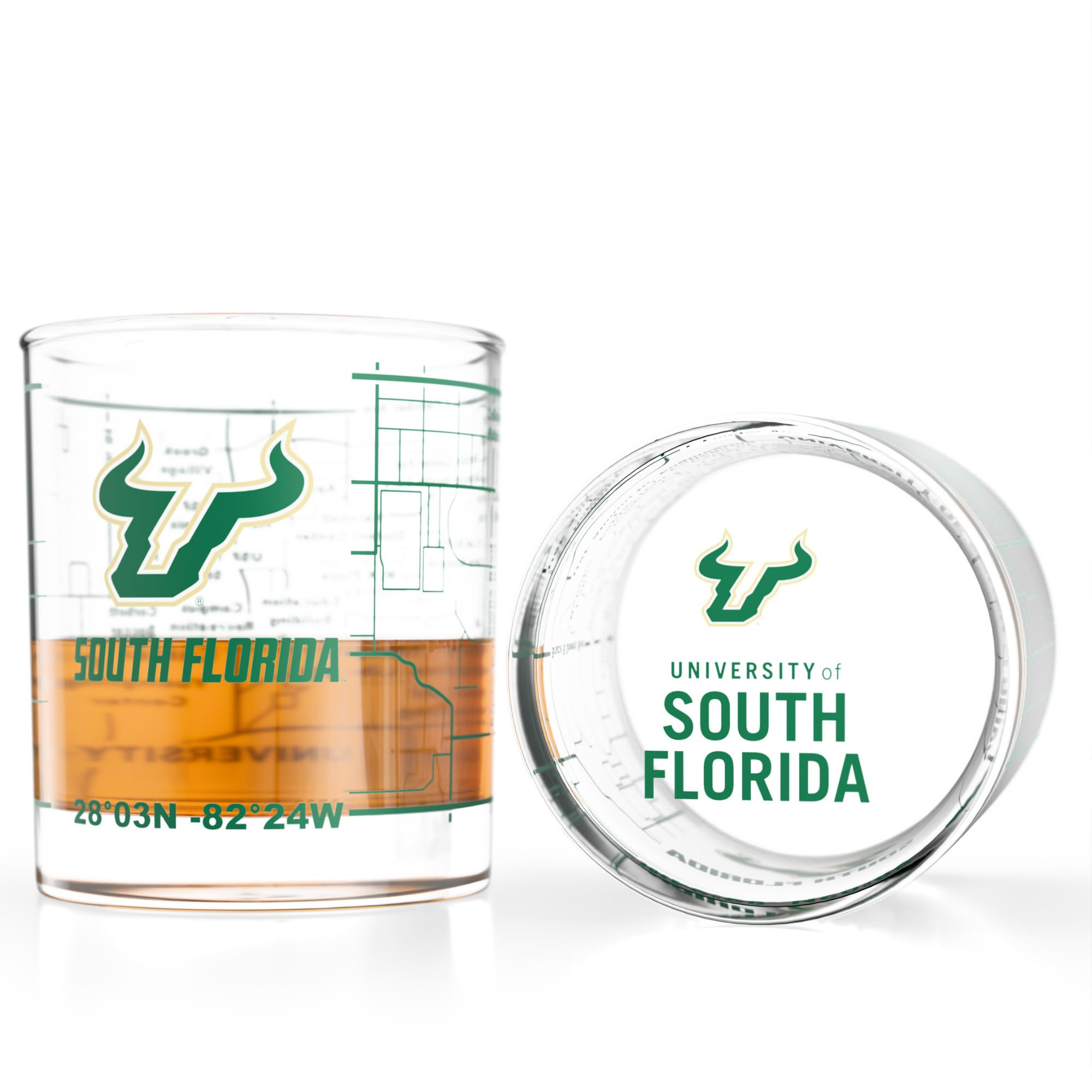 Greenline Goods University of South Florida Bulls Whiskey Glasses Set of 2, 10 oz Rocks Glasses with Full-Color Logo &amp; Campus Map – Officially Licensed Bourbon Glass Gift for Alumni &amp; Fans