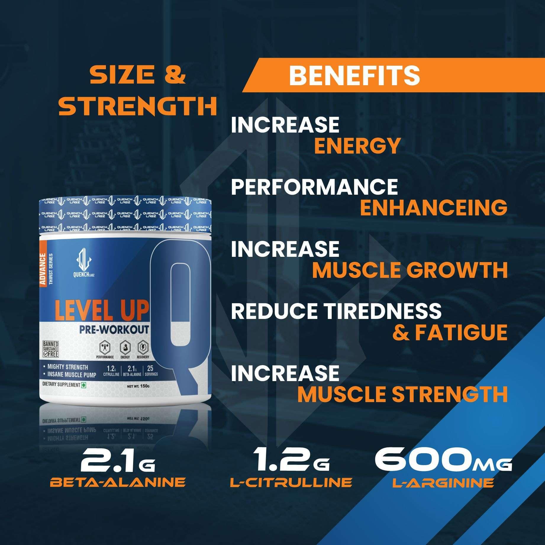 QUENCHLABZ LEVEL UP PRE WORKOUT - Mango Flavour, 150g | Performance Boost, Energy, Focus, Endurance | Pre-Workout with Beta-Alanine, L-Citrulline & Creatine | No Banned Substances, 25 Servings — Amazon image 6
