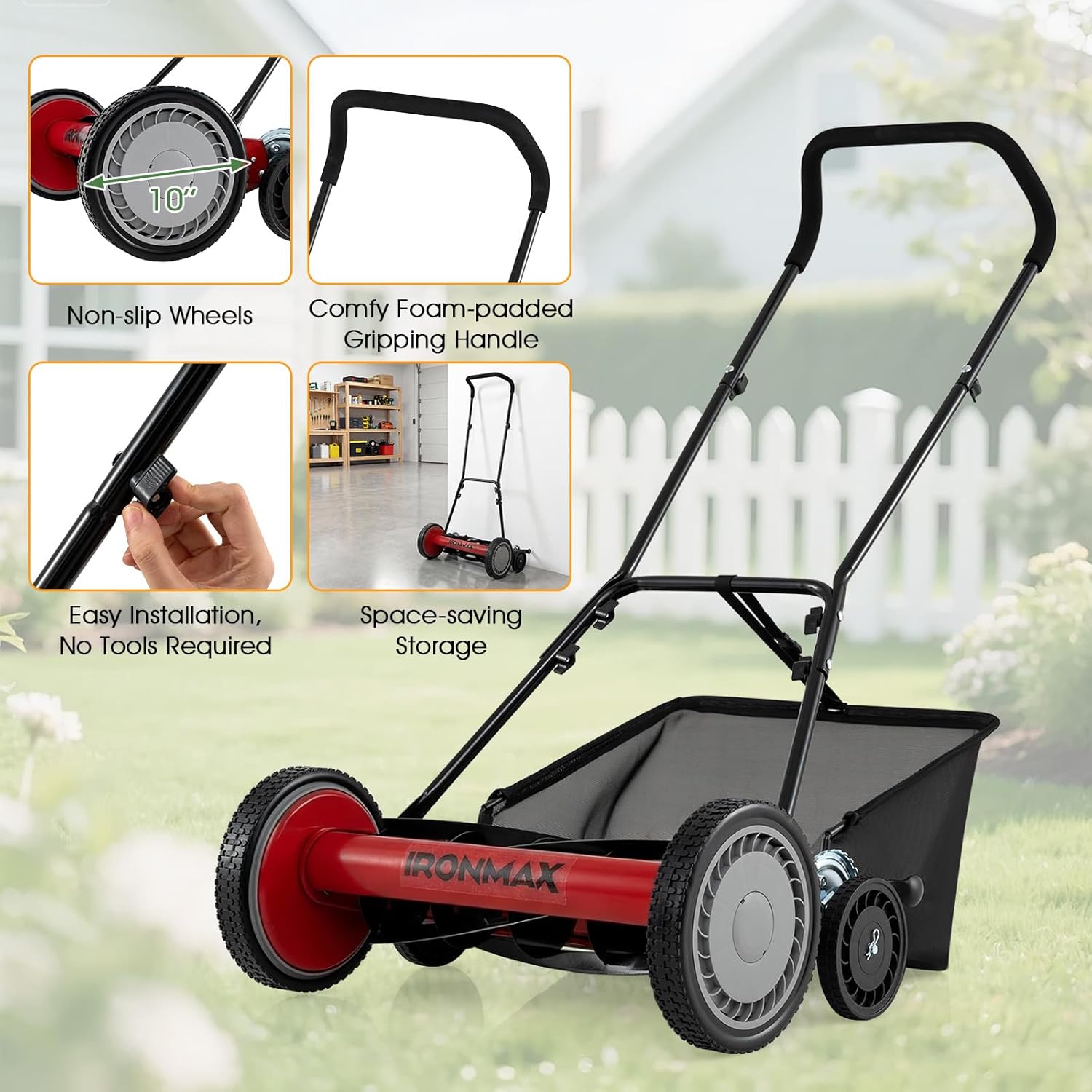 Goplus 18 Inch Push Reel Lawn Mower, 5-Blade Manganese Steel Manual Grass Cutter, 4-Position Adjustable Height, Removable Grass Catcher, Quiet No-Motor Walk-Behind Mower for Yard, Lightweight