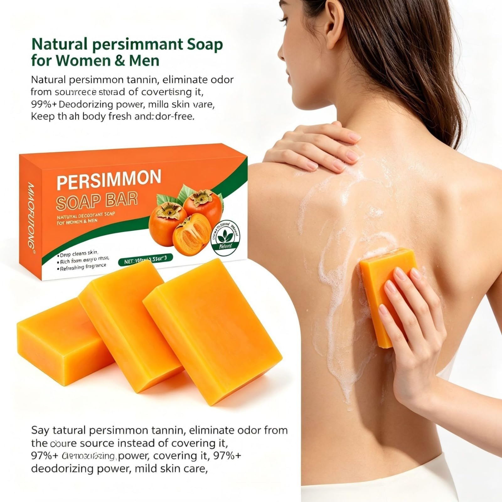 Persimmon Soap Bar, naturalny dezodorant do ciała mydło dla mężczyzn i kobiet, | naturalne mydło do delikatnego i intymnego oczyszczania całego ciała, złuszczająca kontrola zapachu ciała Deep Cleansing Ref