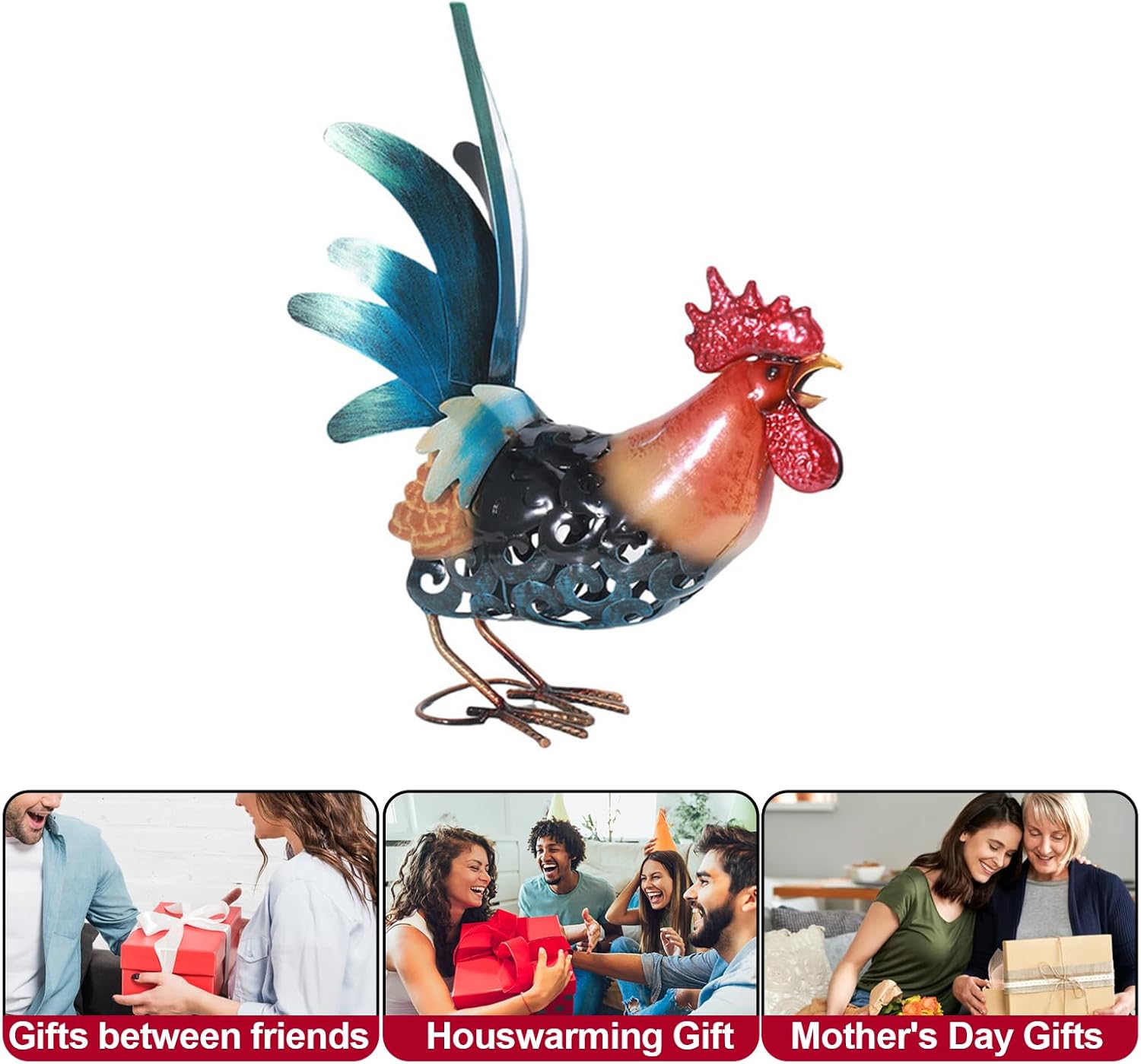 16.5" Whimsical Metal Rooster Garden Statue, Handmade Morning Crowing Rooster Sculpture with Green Tail Feathers, Rust-Resistant Iron Art for Yard, Farmhouse, Kitchen & Outdoor Decor