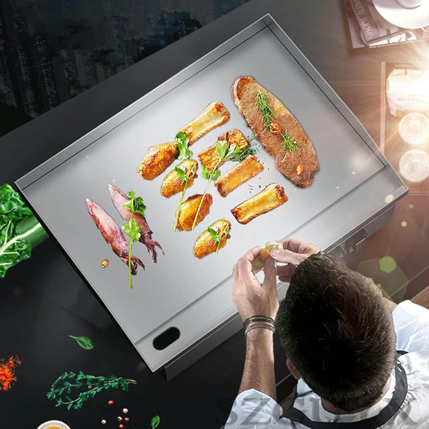 3000W Electric Countertop Griddle BBQ Grill, Stainless Steel Hot Plate Adjustable Thermostatic Control 50-300° C with Oil Tank, for Kitchen Restaurant, Commercial Place