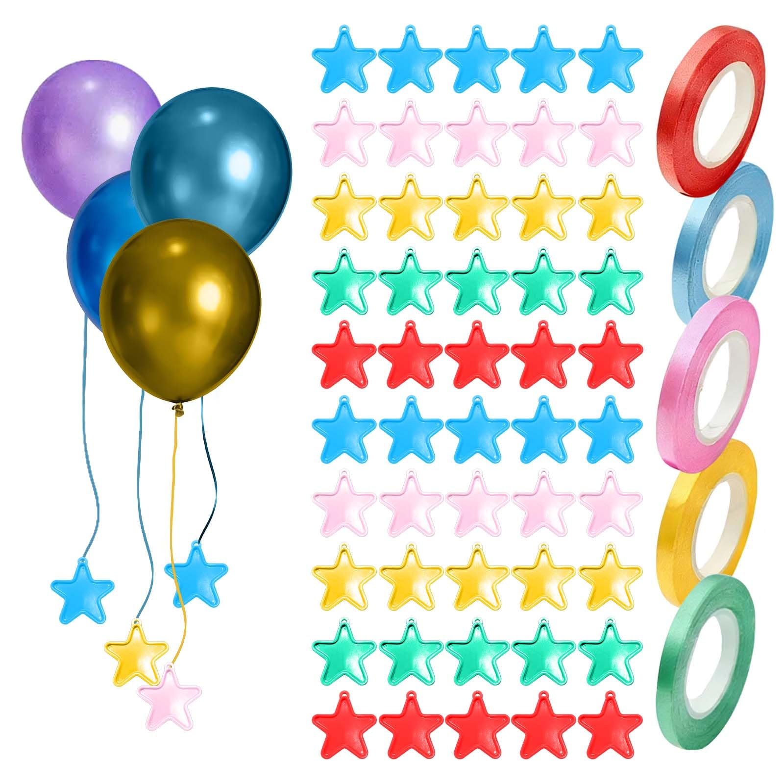55Pcs Balloon Weights and Ribbon Set, Helium Balloon Weights, 50Pcs Star Shaped BalloonWeight with 5 Rolls 10m Ribbon for Birthday Wedding Party Decorations