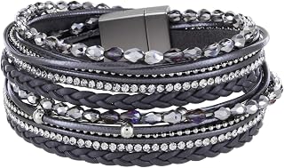 Armband Wickelarmband mit Perlen, Strass, Ketten und Flechtelement, Magnetverschluss Silber Matt, Damen Armband